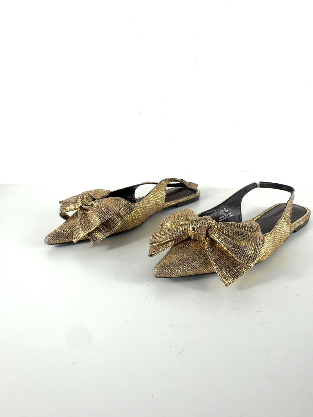 River Island Metallic Metallic Bow Slingback Flat Pointed Pumps Gold, size UK 8 EU 41 👠 — label