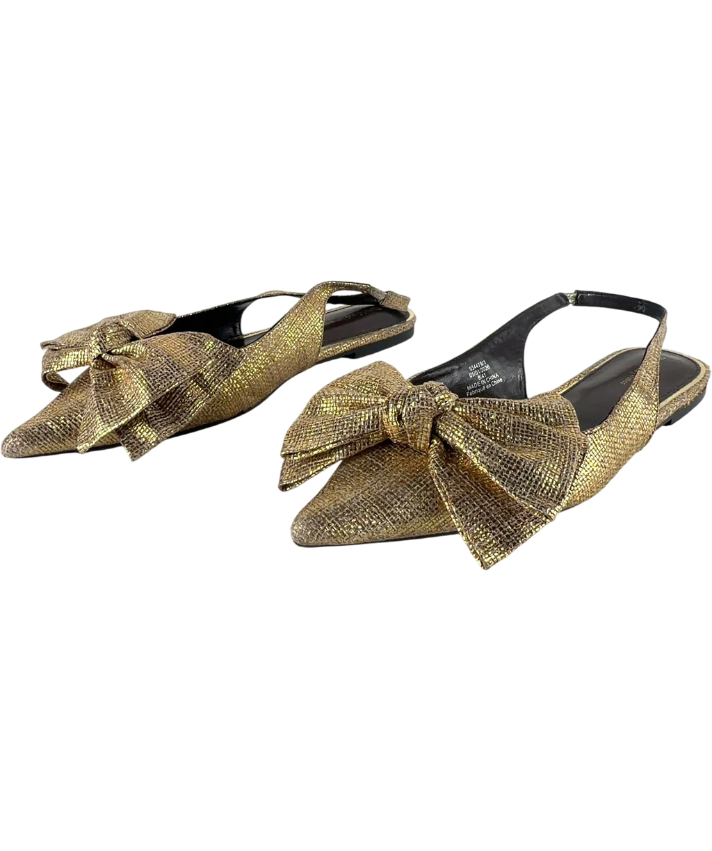 River Island Metallic Bow Slingback Flat Pointed Pumps Gold UK 8 EU 41 — Side (both)