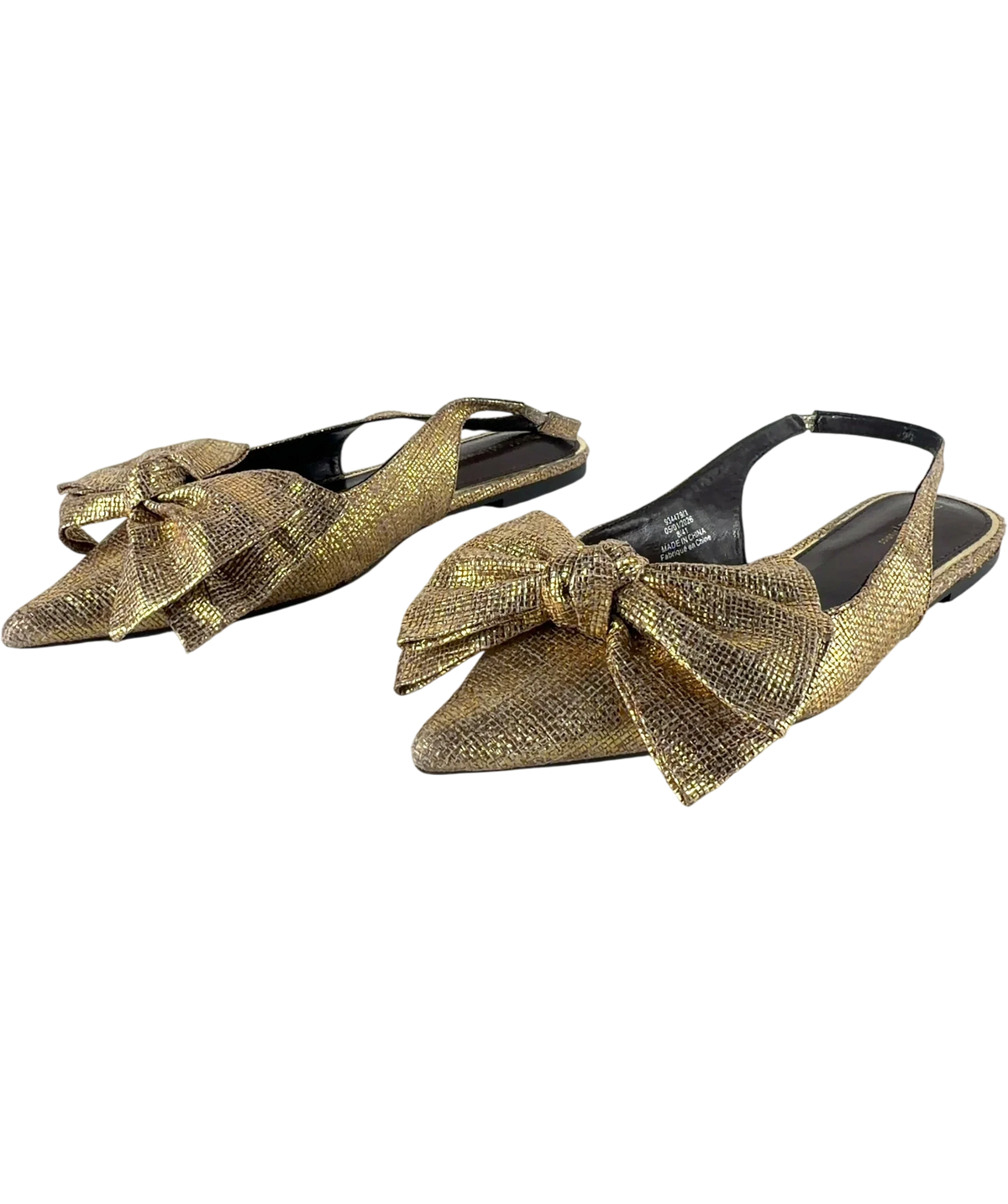 River Island Metallic Bow Slingback Flat Pointed Pumps Gold UK 8 EU 41 — Side (both)