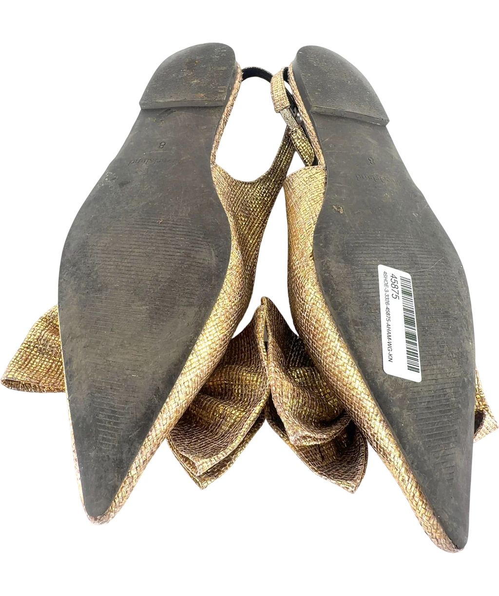 River Island Metallic Metallic Bow Slingback Flat Pointed Pumps Gold, size UK 8 EU 41 👠 — fabric detail