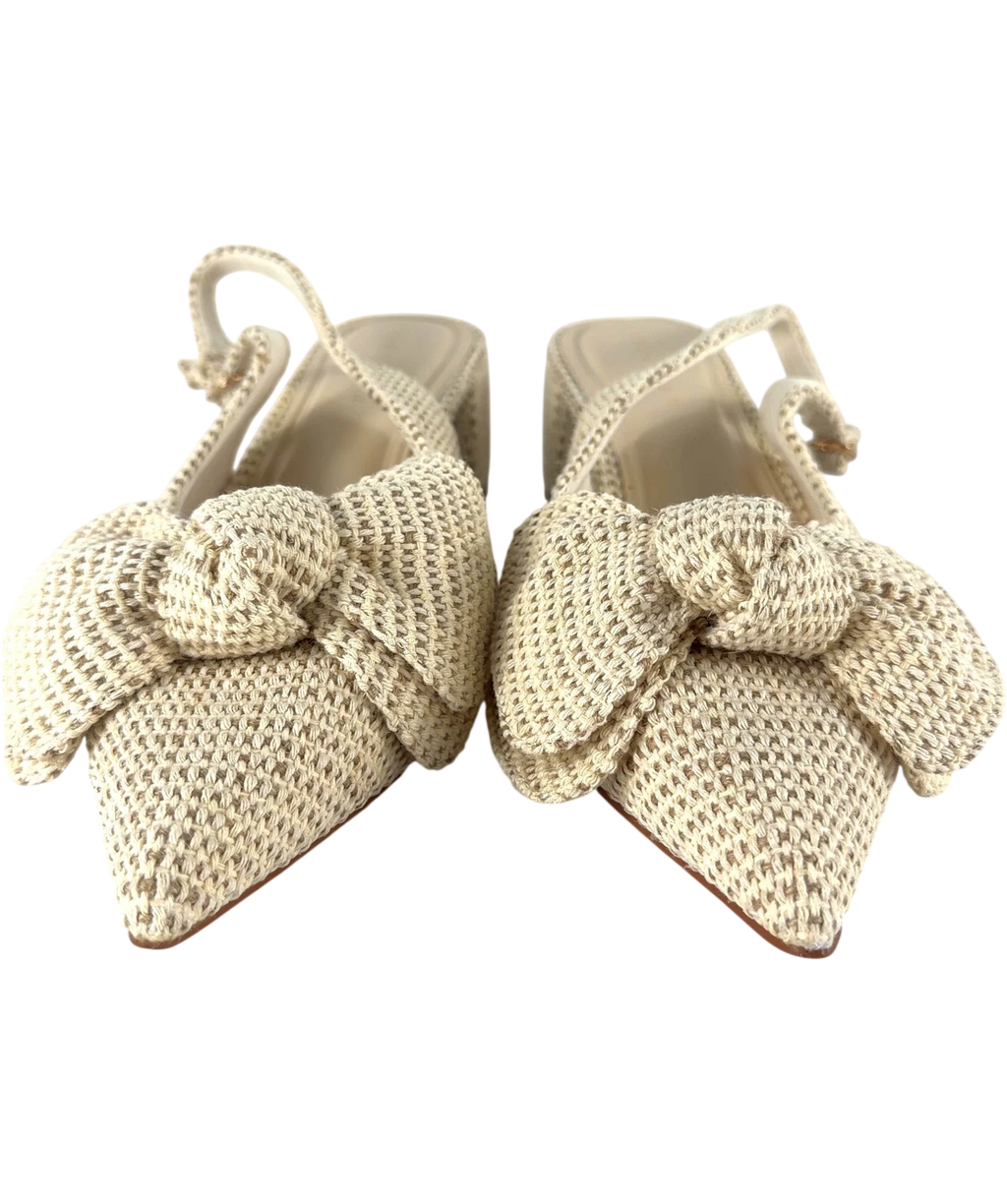 ASOS Woven Bow Slingback Pointed Block Heels Cream UK 8 EU 41 — Front (both, face on)