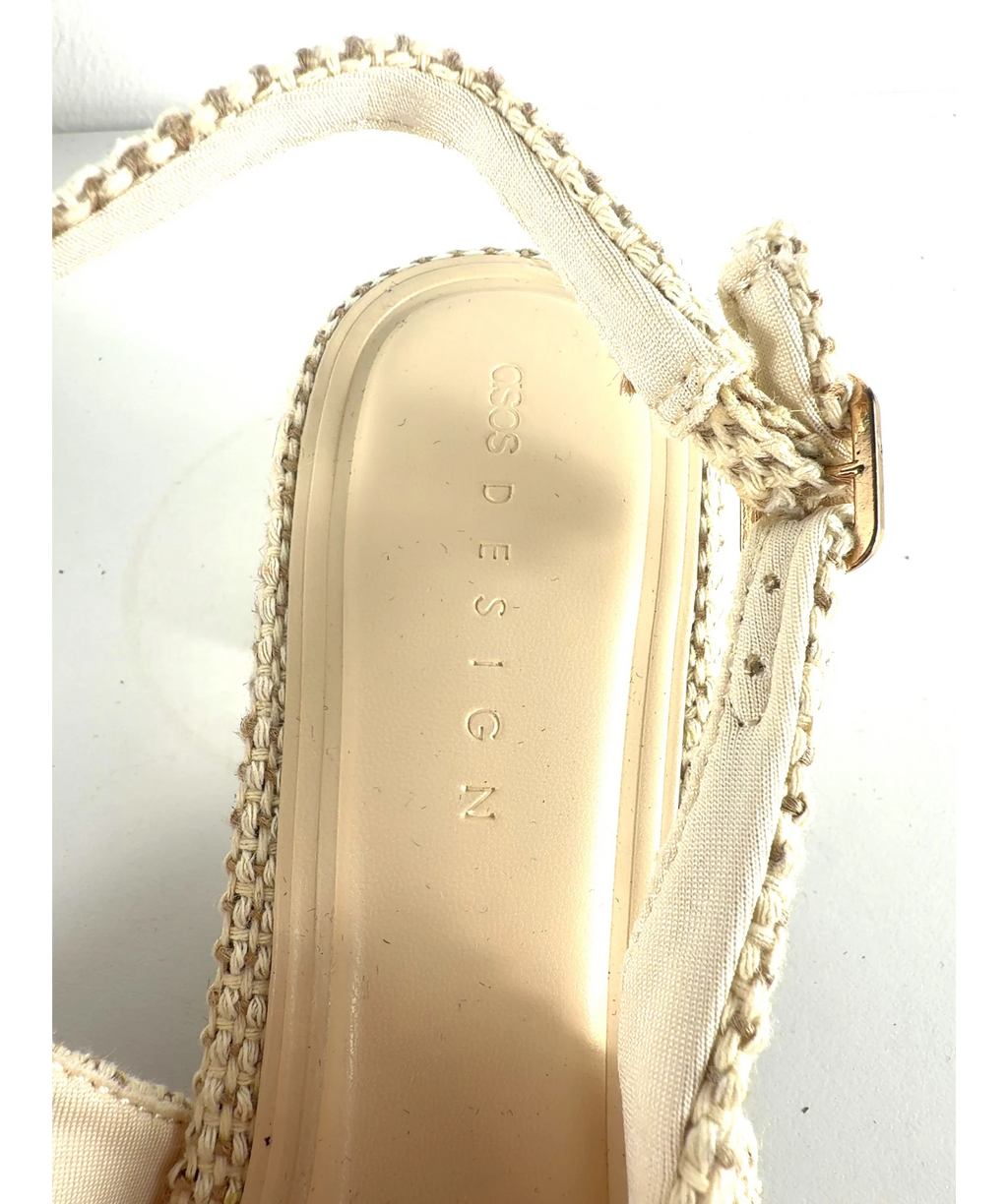 ASOS Cream QC Woven Bow Slingback Pointed Block Heels Cream, size UK 8 EU 41 👠 — care label