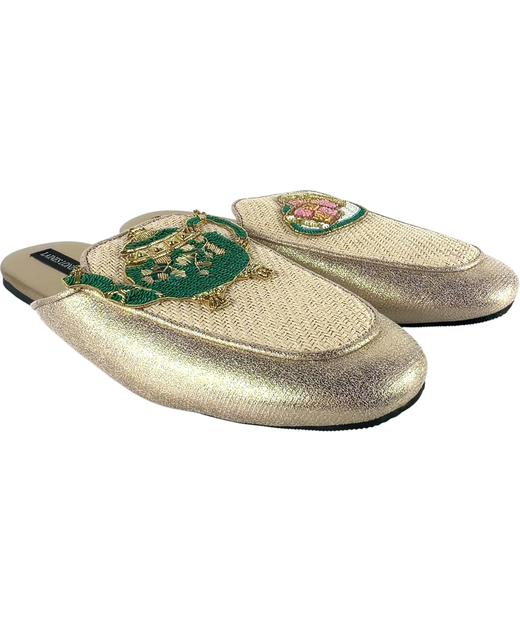 Laines London Metallic QC Classic Teapot & Cake Woven Mule Slippers, size UK 9 EU 42 👠 — front