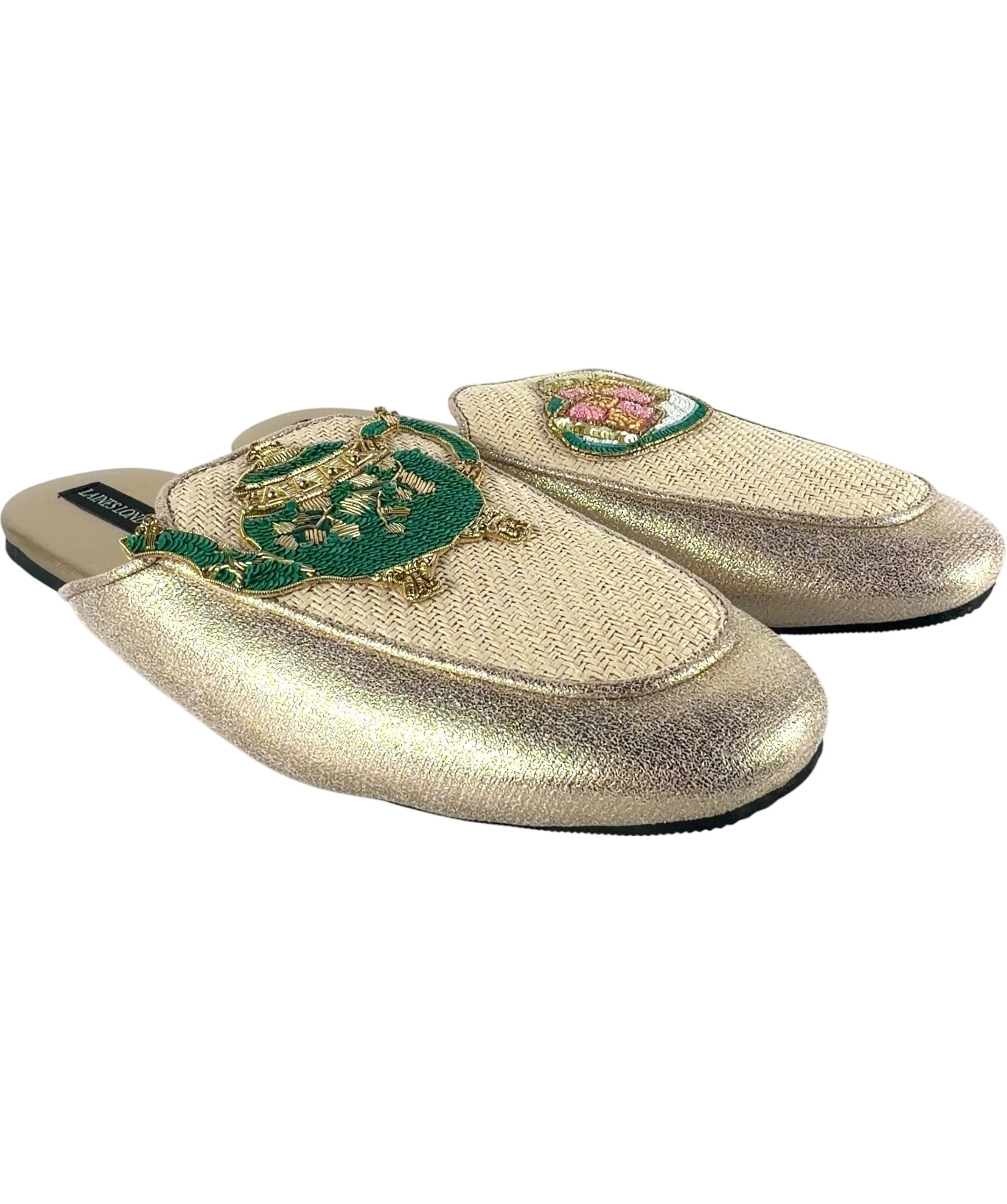 Laines London Metallic QC Classic Teapot & Cake Woven Mule Slippers, size UK 9 EU 42 👠 — front