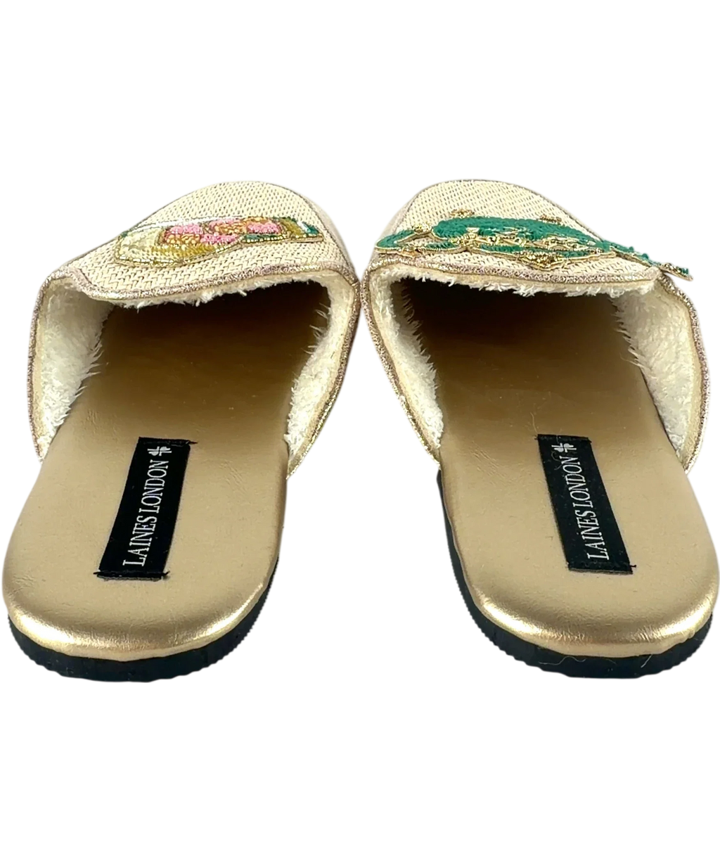 Laines London Metallic QC Classic Teapot & Cake Woven Mule Slippers, size UK 9 EU 42 👠 — back