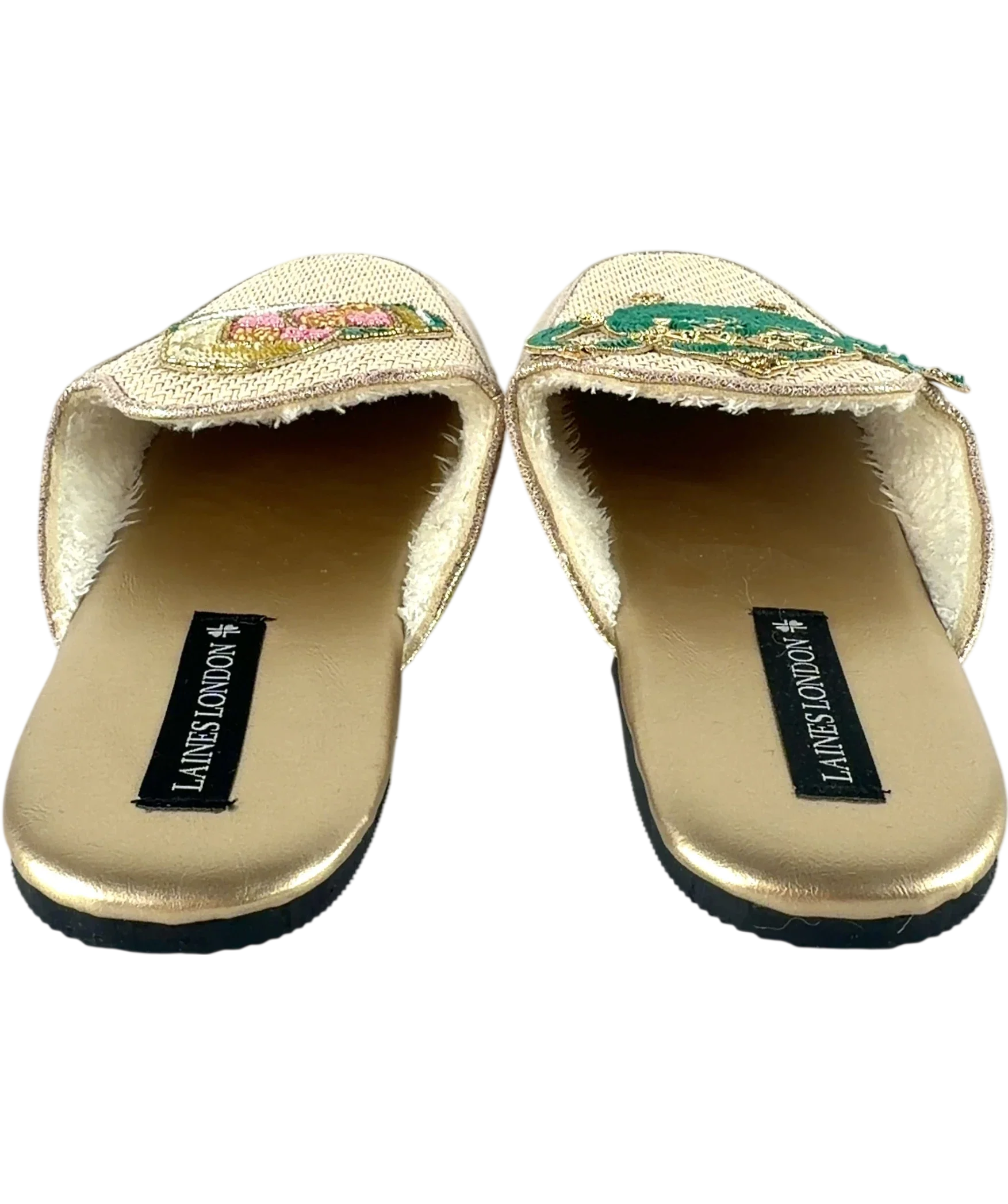 Laines London Metallic QC Classic Teapot & Cake Woven Mule Slippers, size UK 9 EU 42 👠 — back