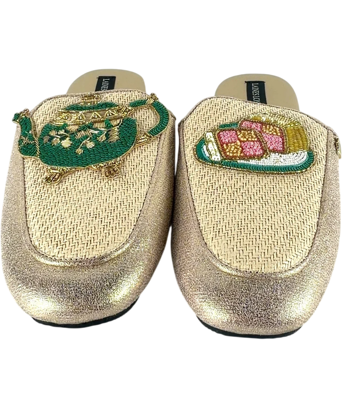 Laines London Metallic Classic Teapot & Cake Woven Mule Slippers UK 9 EU 42 — Front (both, face on)