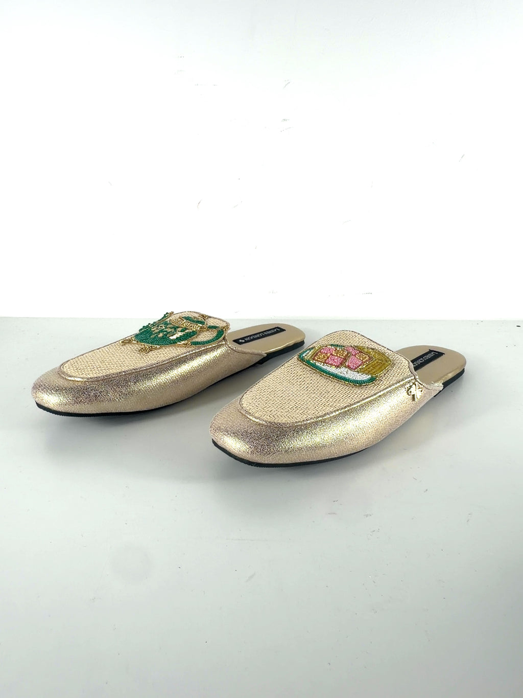 Laines London Metallic QC Classic Teapot & Cake Woven Mule Slippers, size UK 9 EU 42 👠 — label