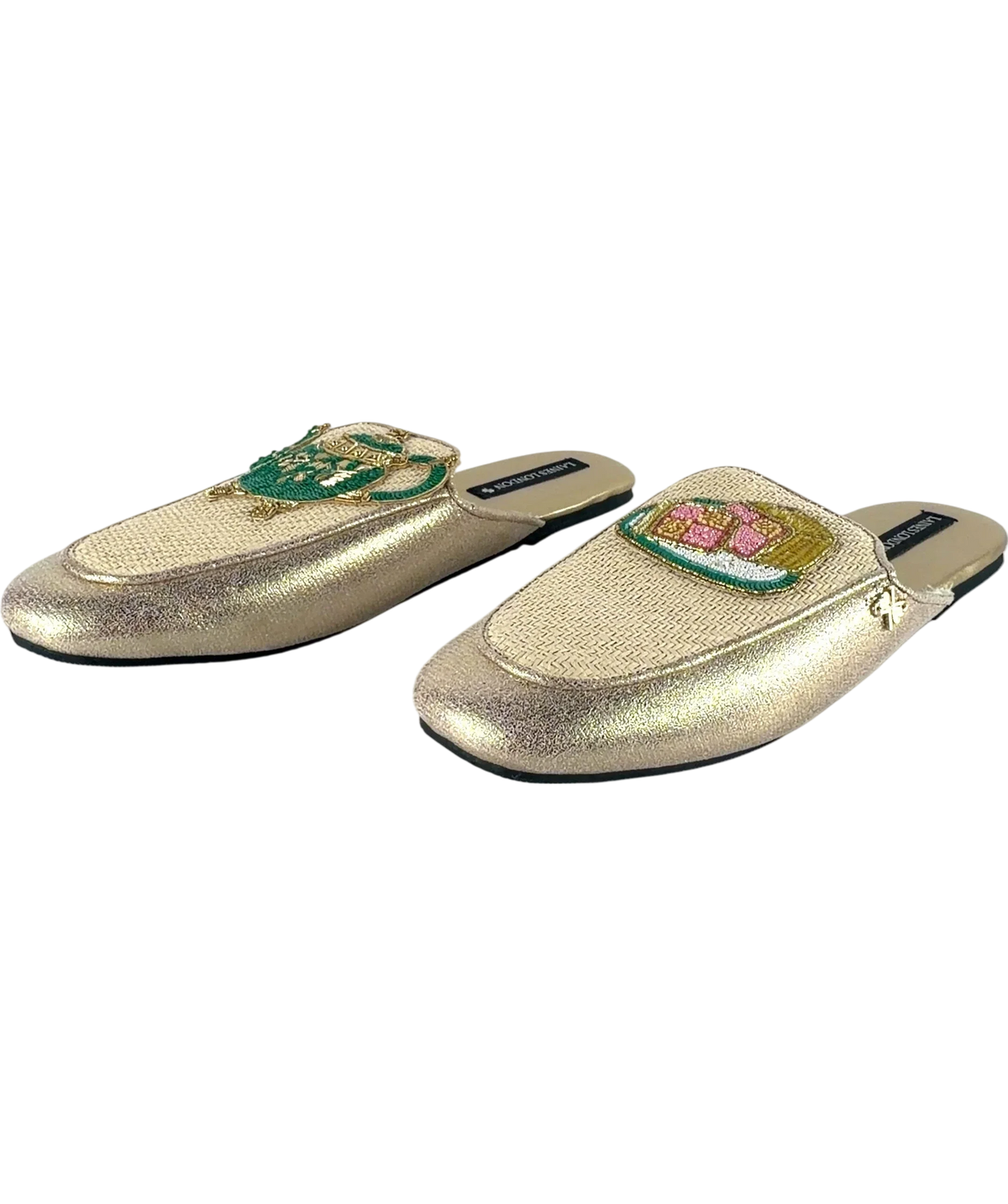 Laines London Metallic Classic Teapot & Cake Woven Mule Slippers UK 9 EU 42 — Side (both)