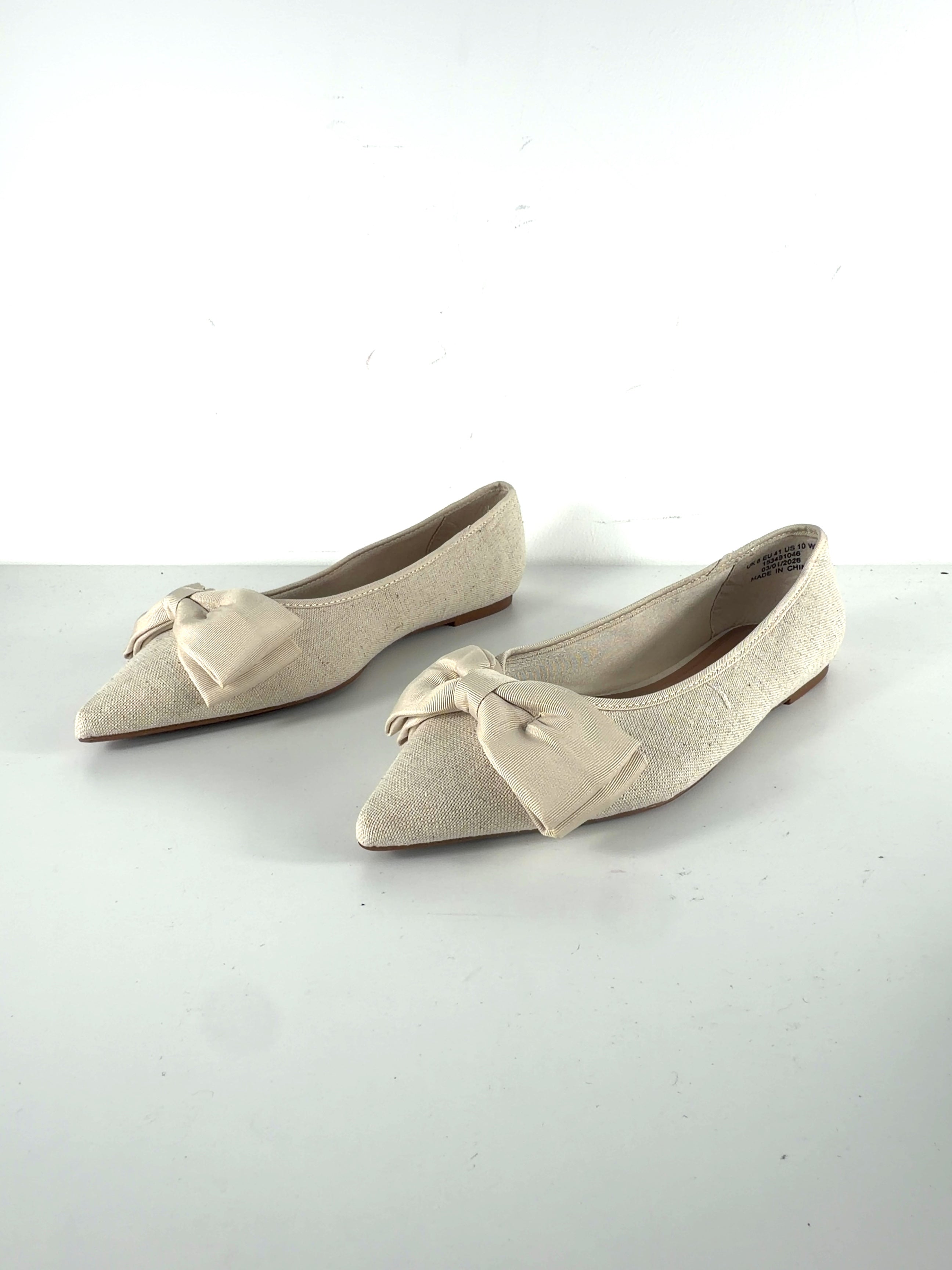 ASOS Cream Langston Bow Pointed Ballet Flats Natural, size UK 8 EU 41 👠 — label