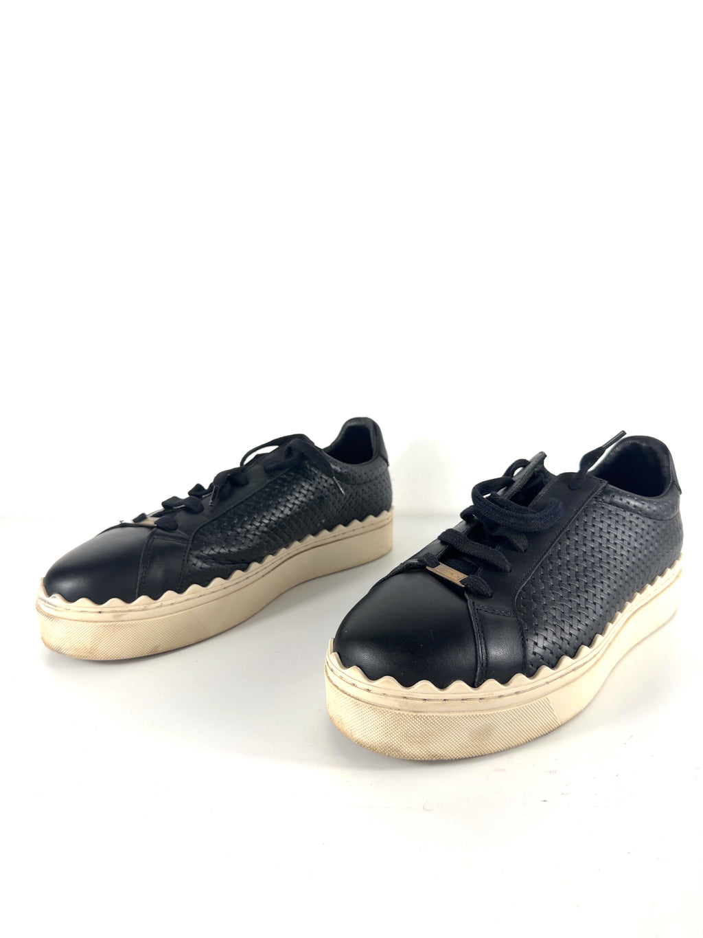 Saint + Sofia Black Brook Scallop Leather Platform Trainers Black, size UK 9 EU 42 👠 — label