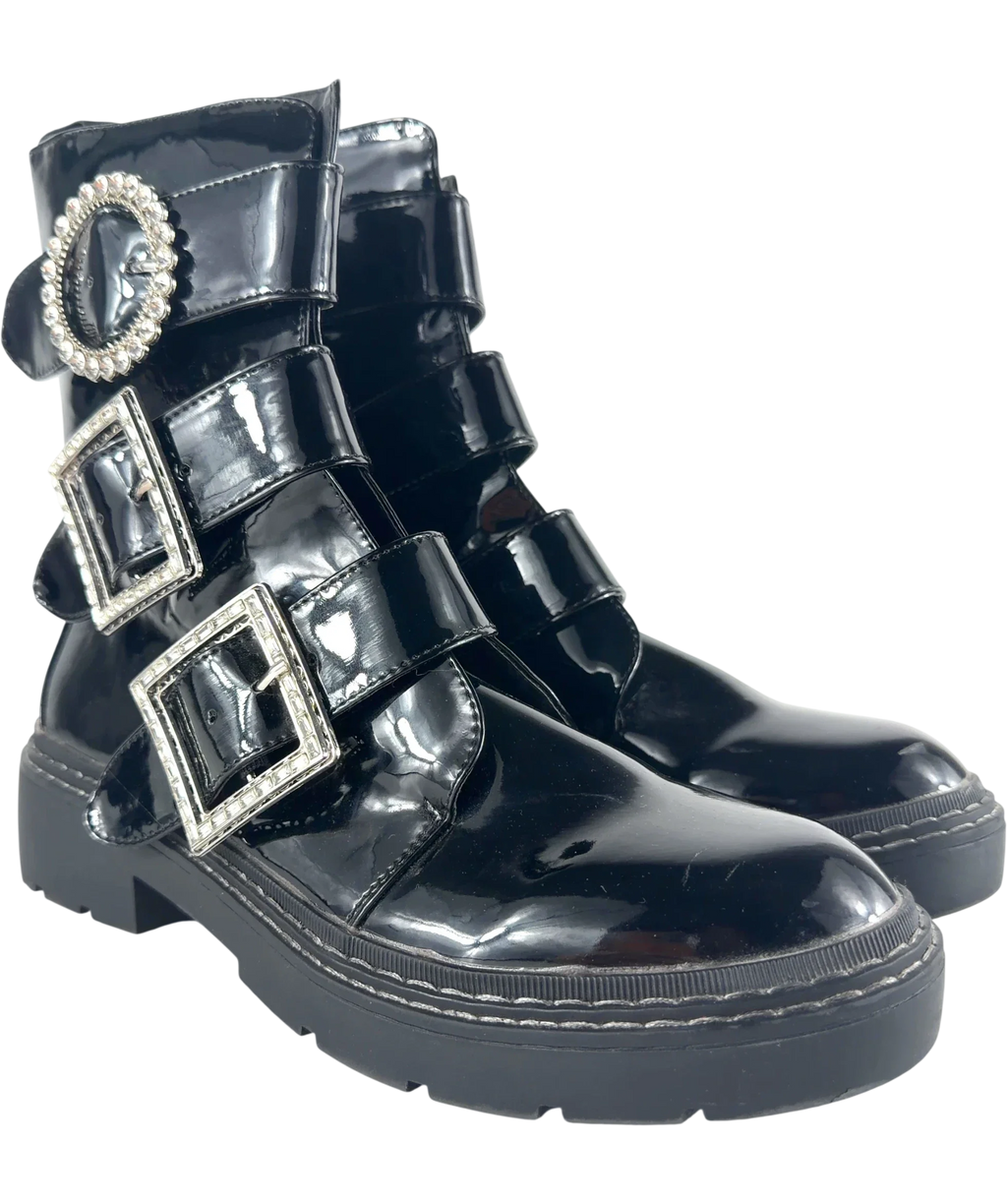 River Island Black Diamante Buckle Patent Biker Boots Black, size UK 9 EU 42 👠 — front