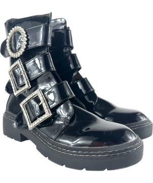 River Island Diamante Buckle Patent Biker Boots Black UK 9 EU 42