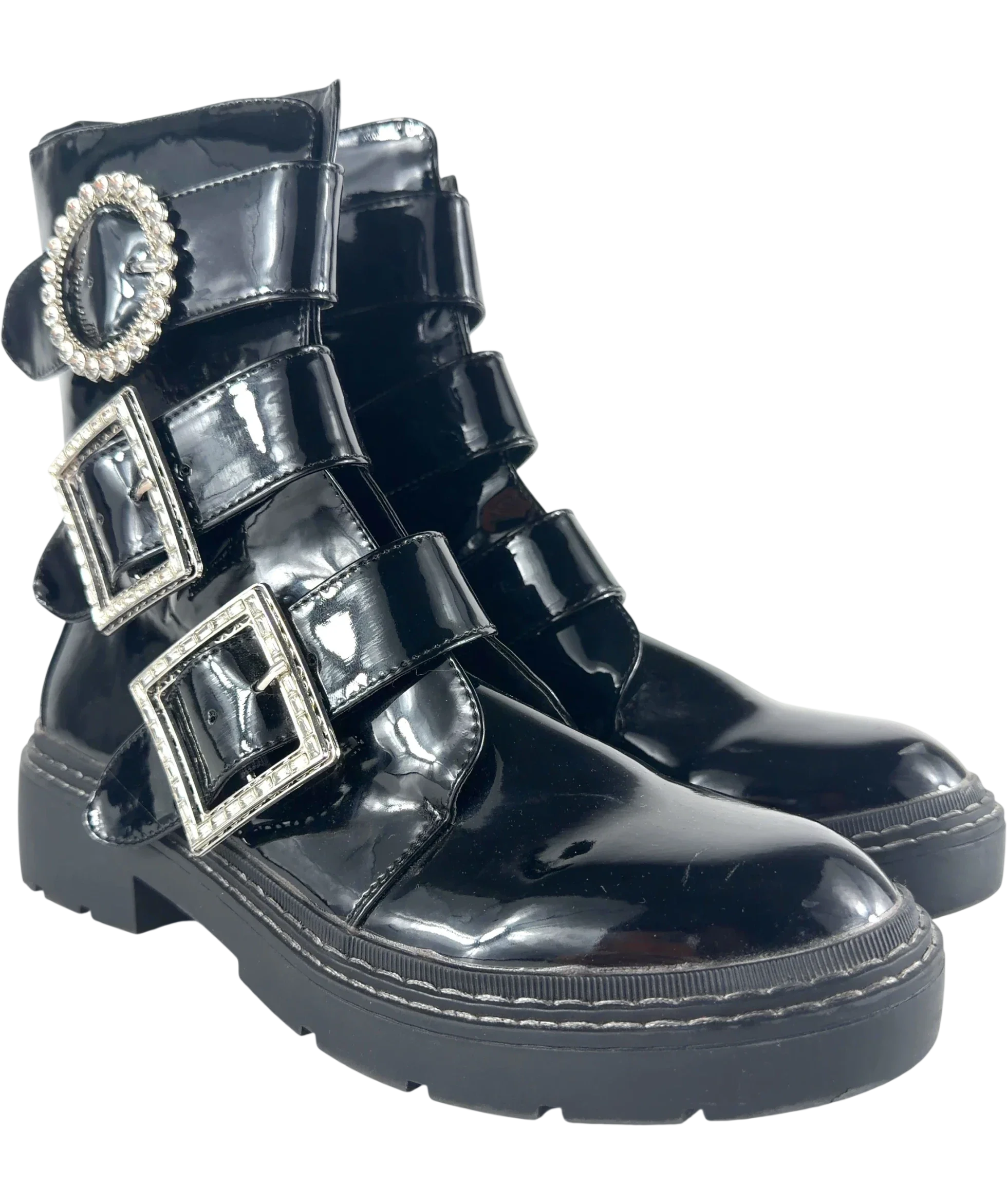 River Island Black Diamante Buckle Patent Biker Boots Black, size UK 9 EU 42 👠 — front
