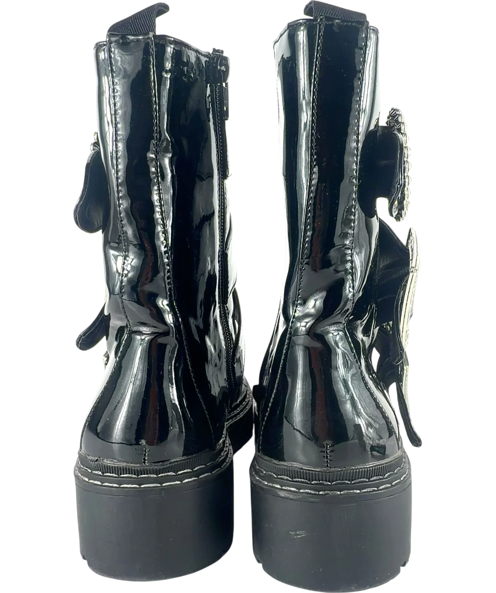 River Island Black Diamante Buckle Patent Biker Boots Black, size UK 9 EU 42 👠 — back