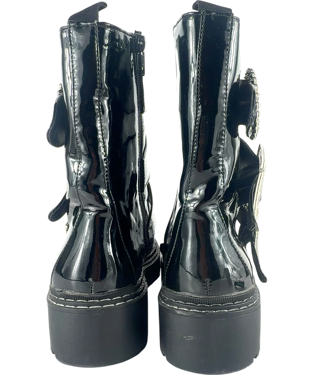 River Island Black Diamante Buckle Patent Biker Boots Black, size UK 9 EU 42 👠 — back