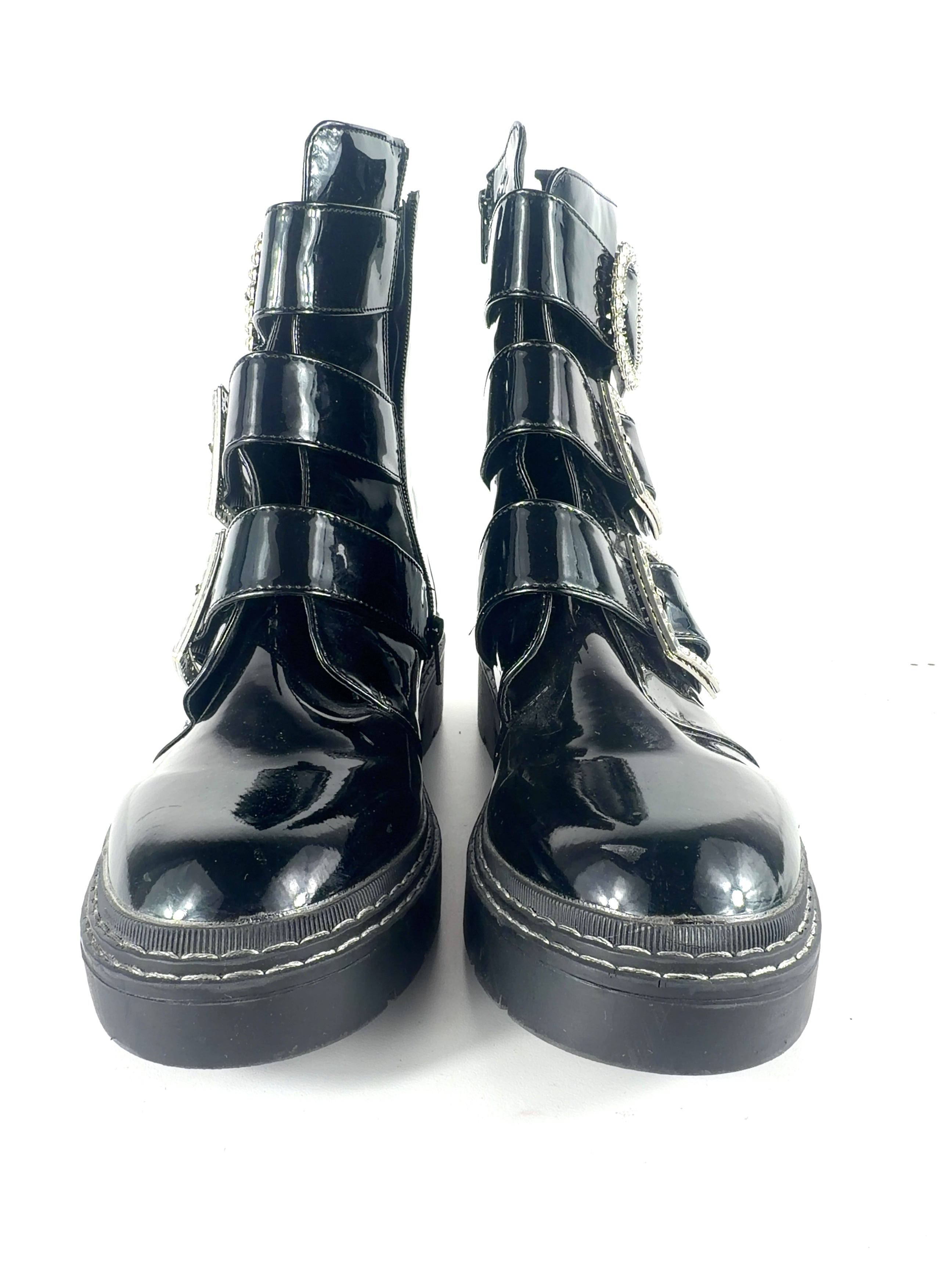 River Island Black Diamante Buckle Patent Biker Boots Black, size UK 9 EU 42 👠 — detail