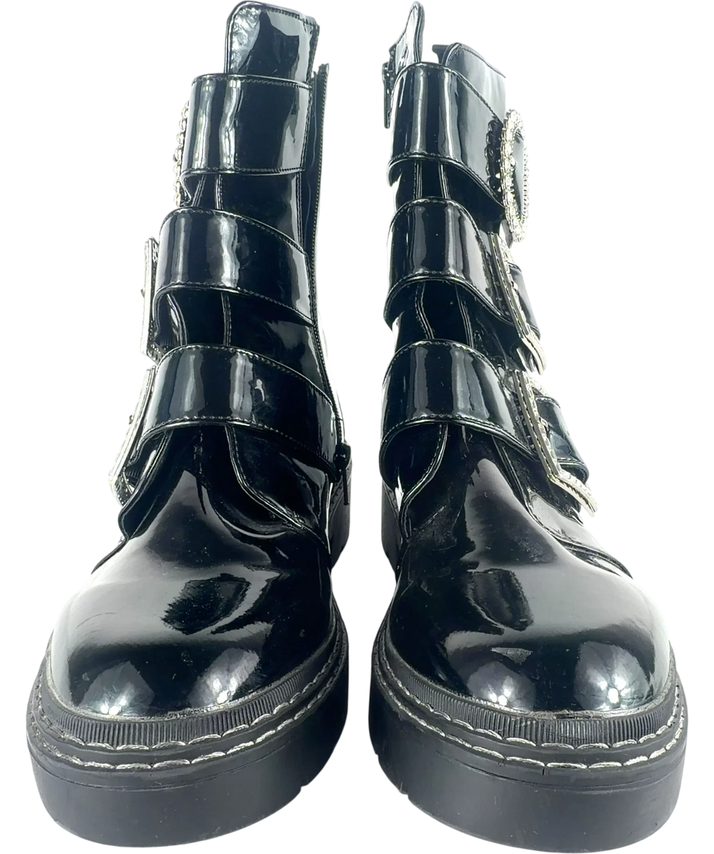River Island Diamante Buckle Patent Biker Boots Black UK 9 EU 42 — Front (both, face on)