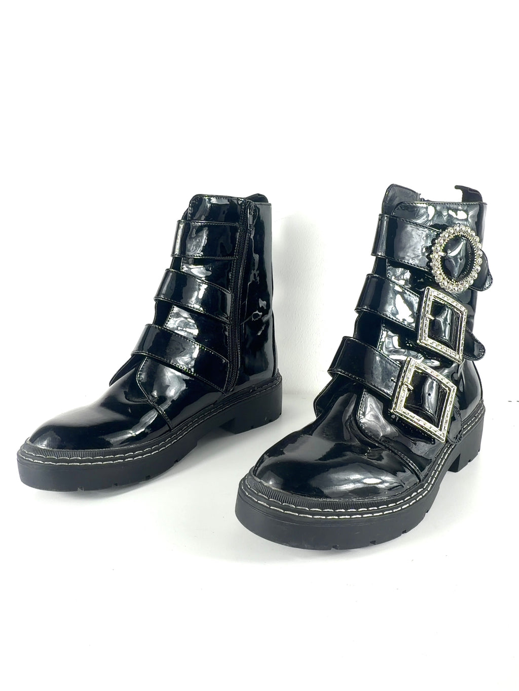 River Island Black Diamante Buckle Patent Biker Boots Black, size UK 9 EU 42 👠 — label