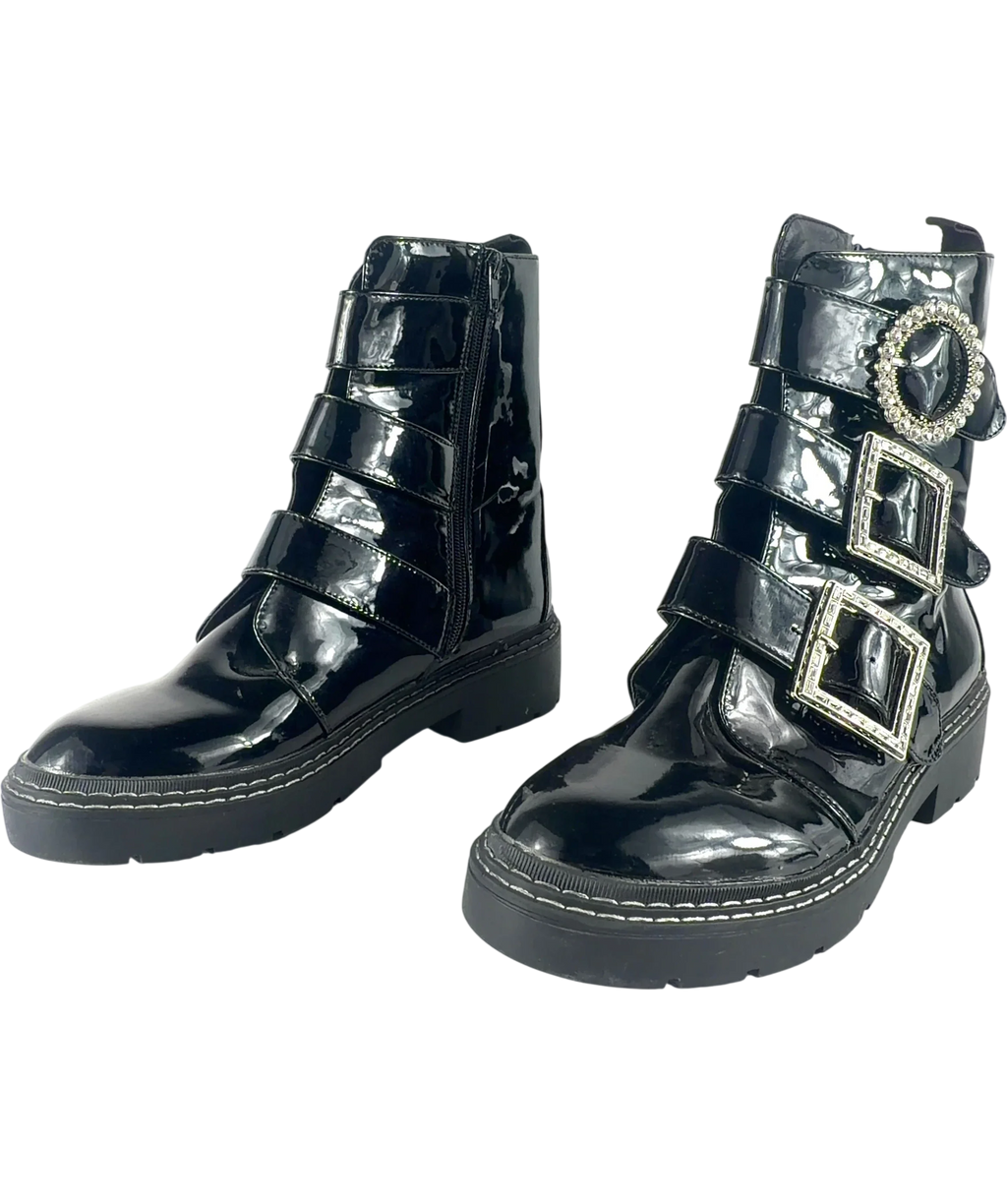 River Island Diamante Buckle Patent Biker Boots Black UK 9 EU 42 — Side (both)