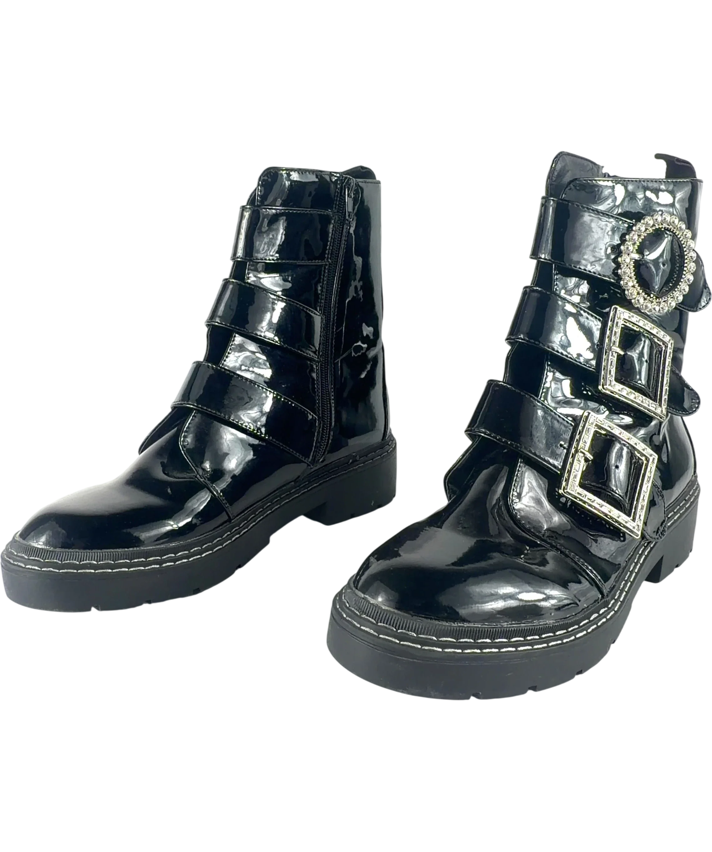 River Island Diamante Buckle Patent Biker Boots Black UK 9 EU 42 — Side (both)