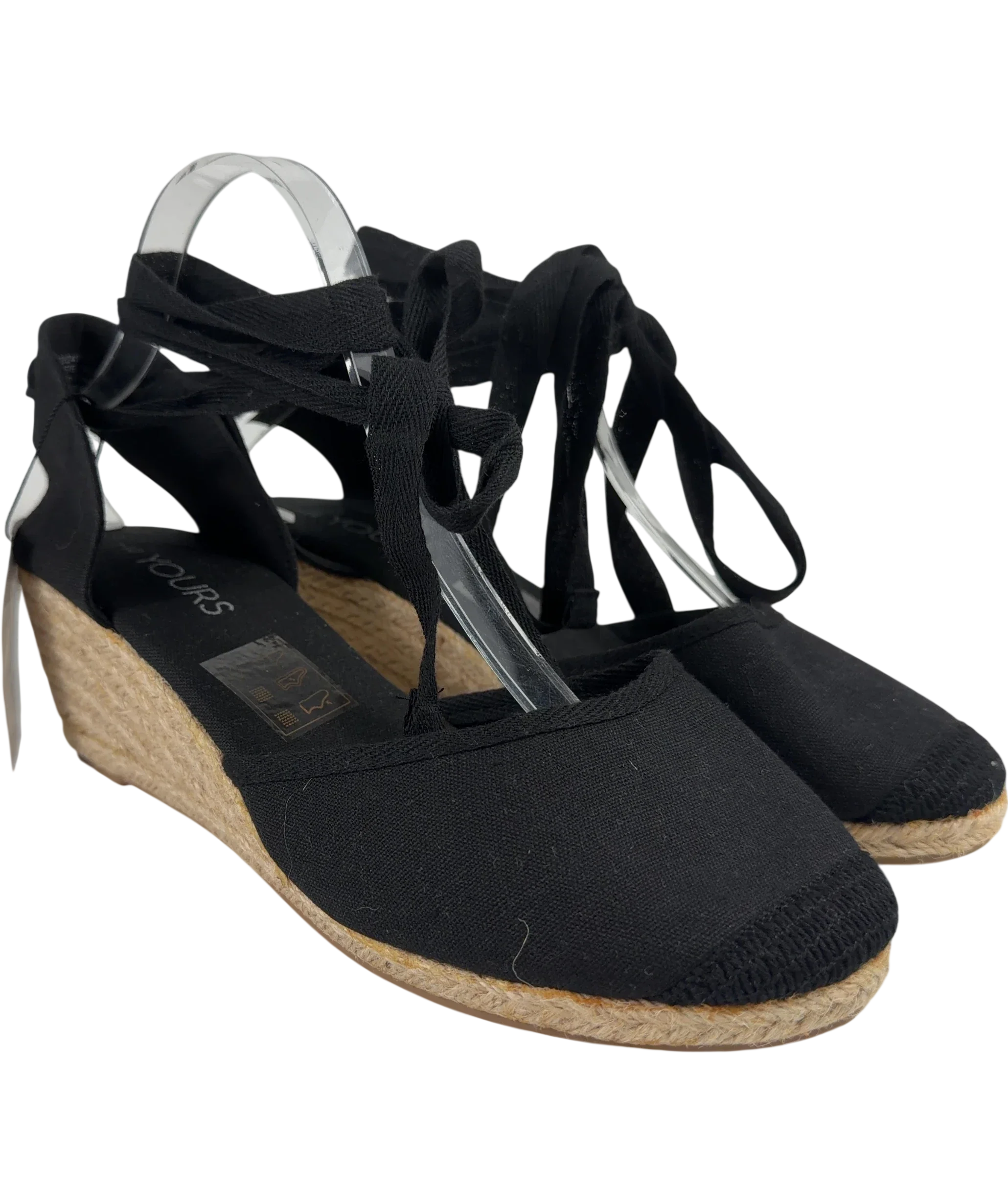 Yours Black Ankle Tie Espadrille Wedges, size UK 7 EU 40 👠 — front