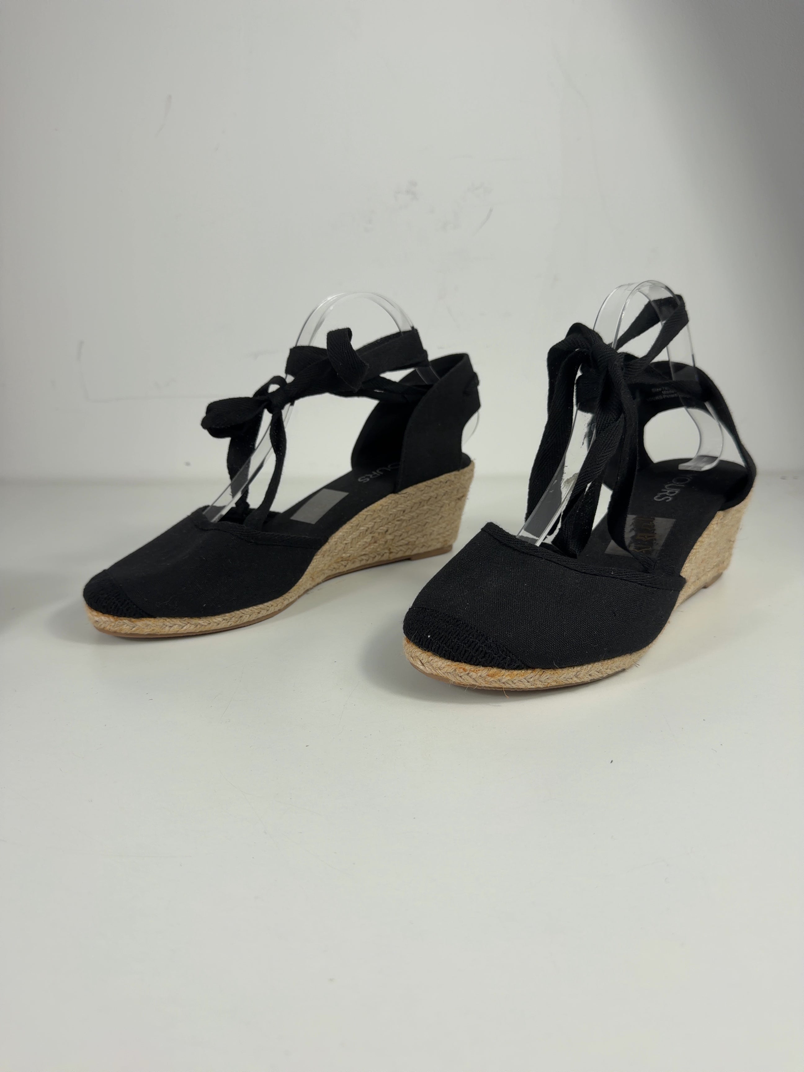 Yours Black Ankle Tie Espadrille Wedges, size UK 7 EU 40 👠 — label