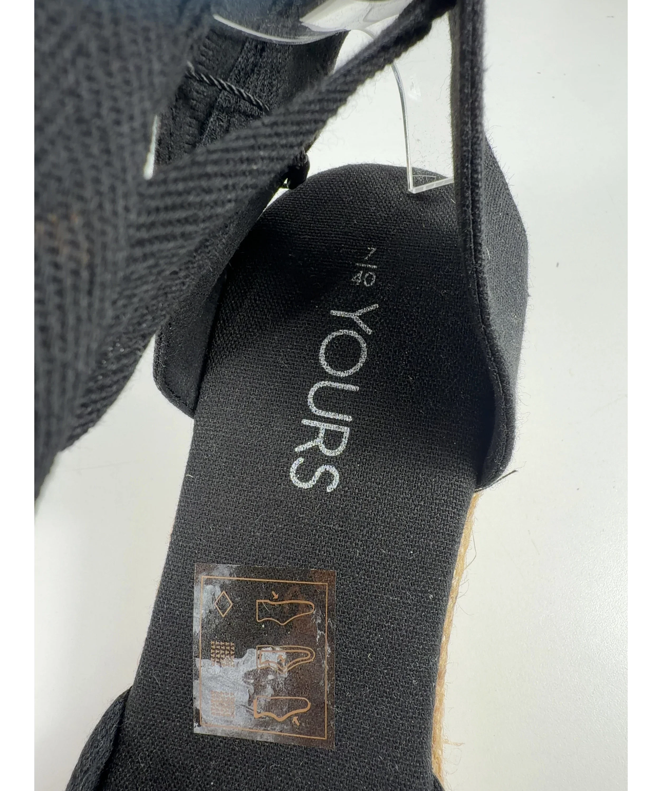 Yours Black Ankle Tie Espadrille Wedges, size UK 7 EU 40 👠 — care label