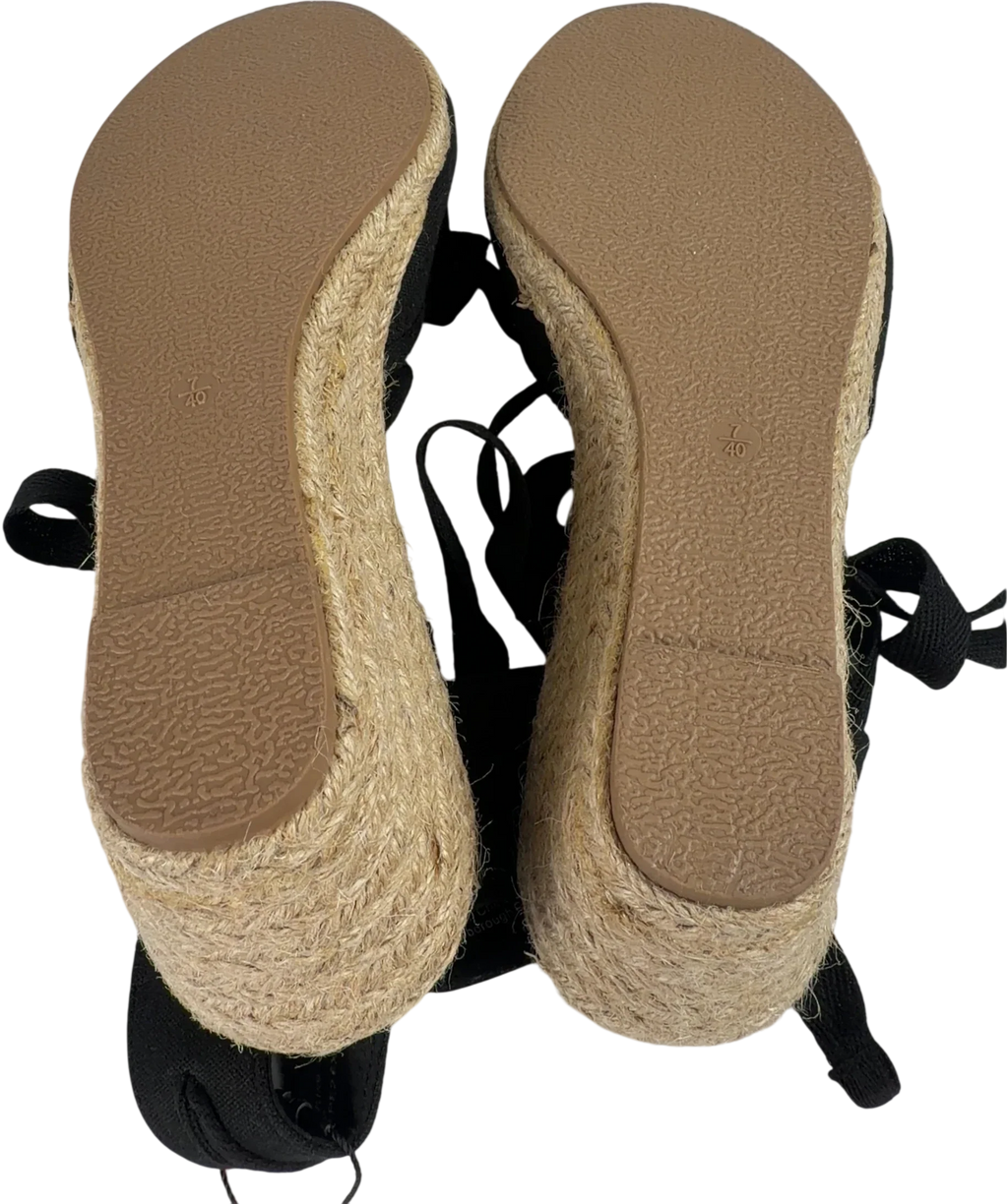 Yours Black Ankle Tie Espadrille Wedges UK 7 EU 40 — Sole