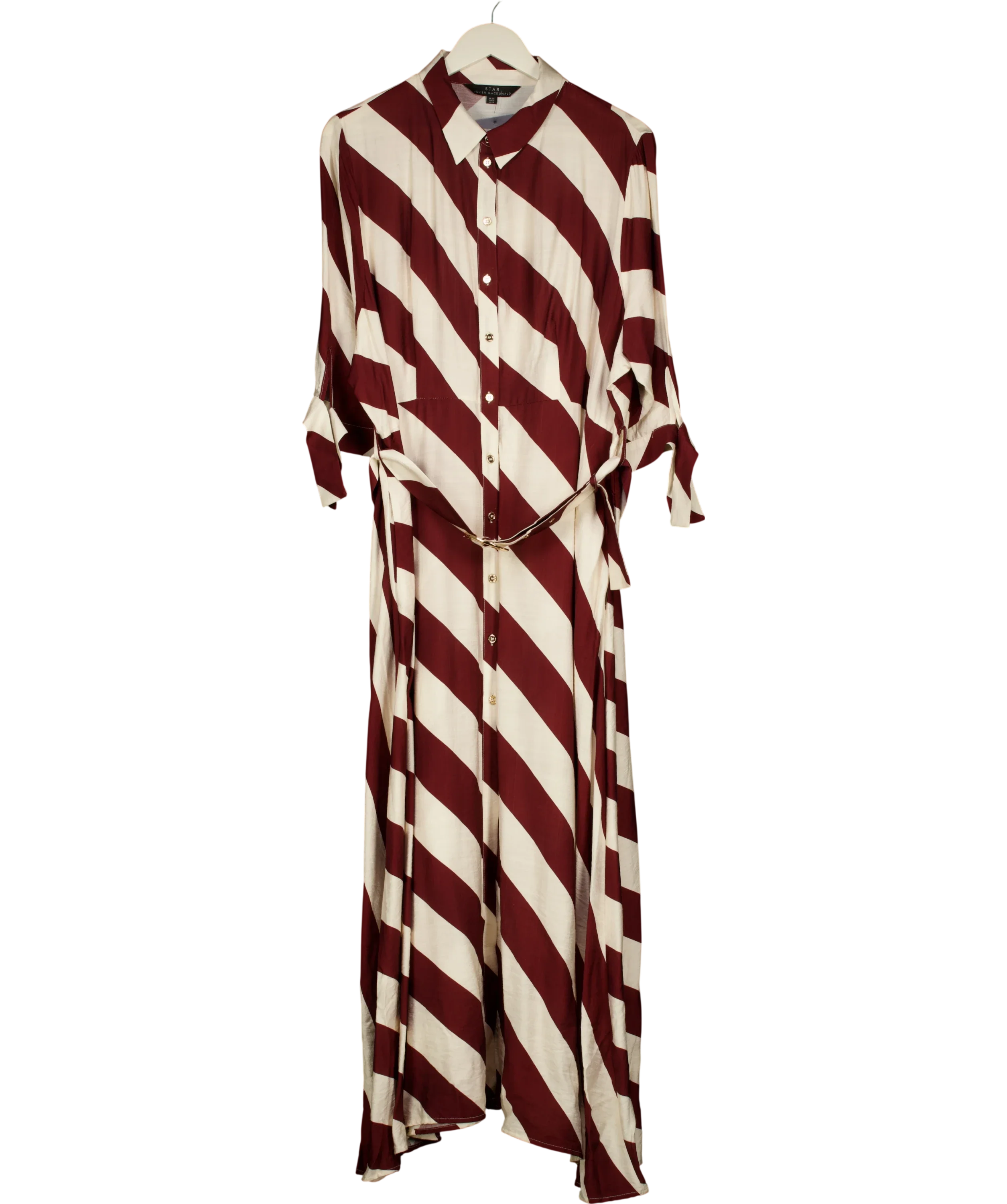 STAR BY JULIEN MCDONALD Cream Burgundy and Cream Diagonal Stripe Shirt Dress, size UK 22 — front