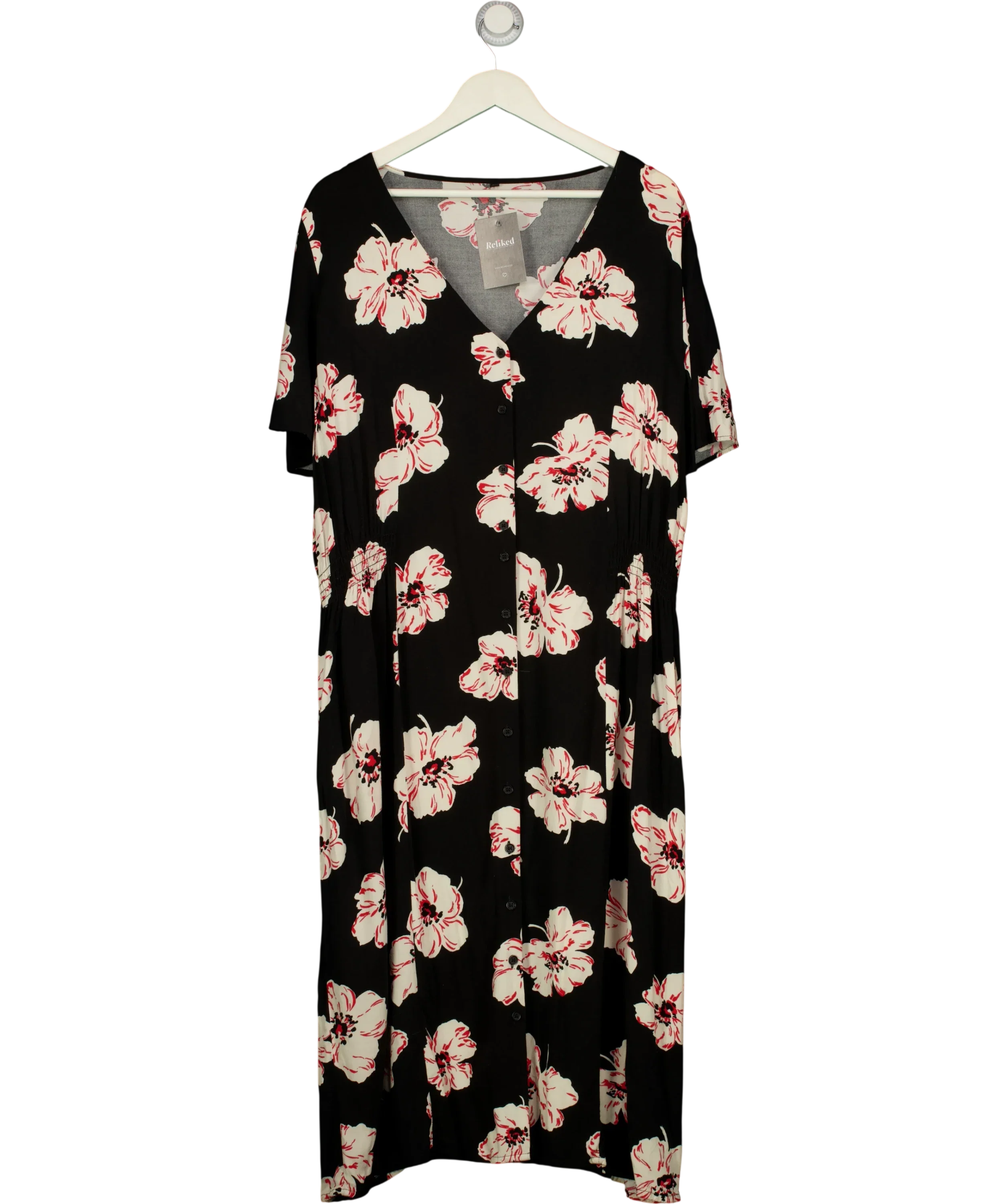 Peacocks Black Black and Red Floral Midi Dress, size UK 24 — front