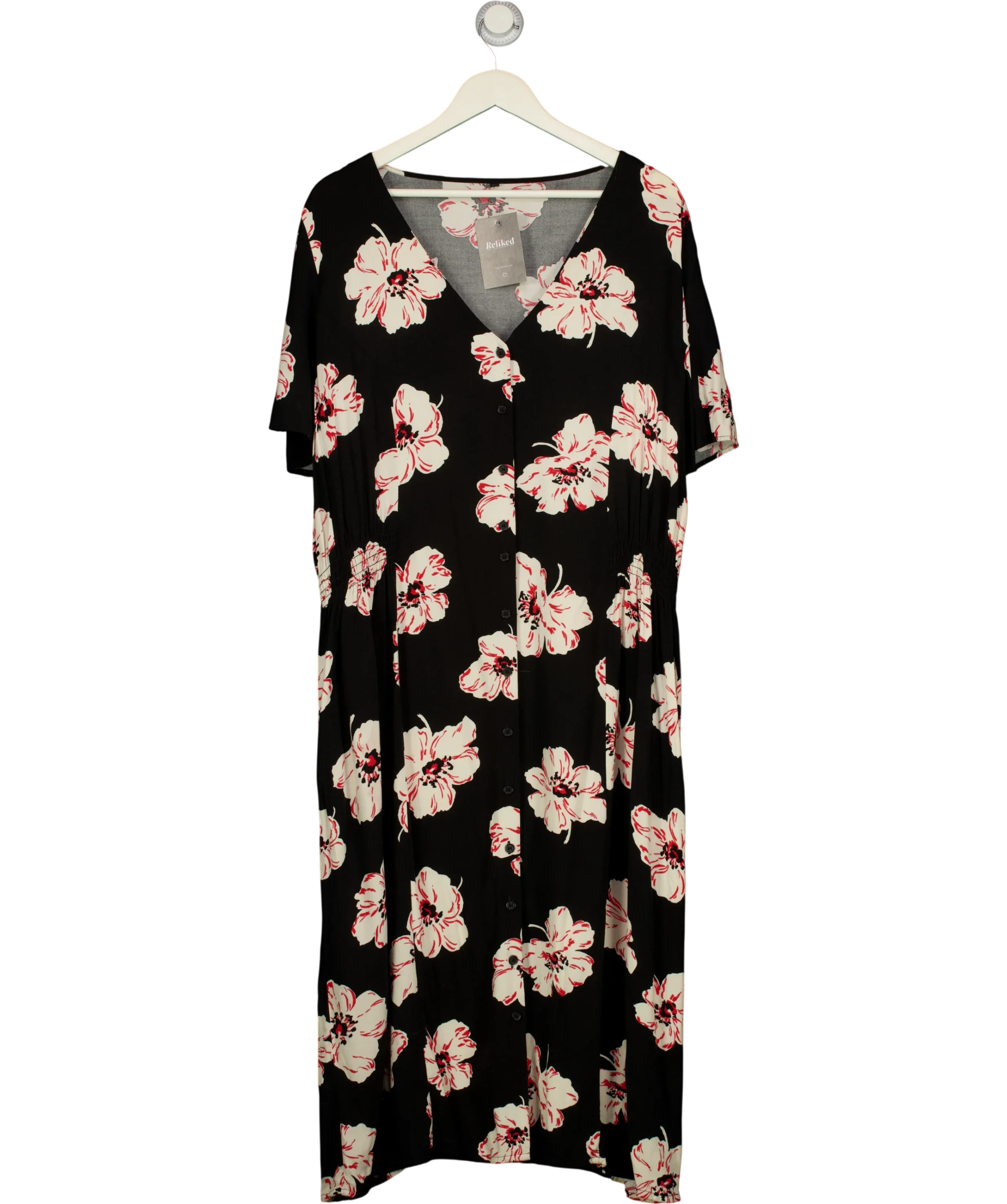 Peacocks Black Black and Red Floral Midi Dress, size UK 24 — front