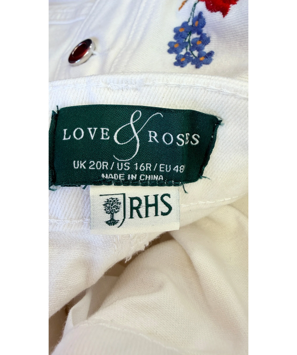 LOVE & ROSES White x RHS Ecru Embroidered Floral Denim Jacket and Jeans Set  Size 22/20R, size UK XL/XXL — label
