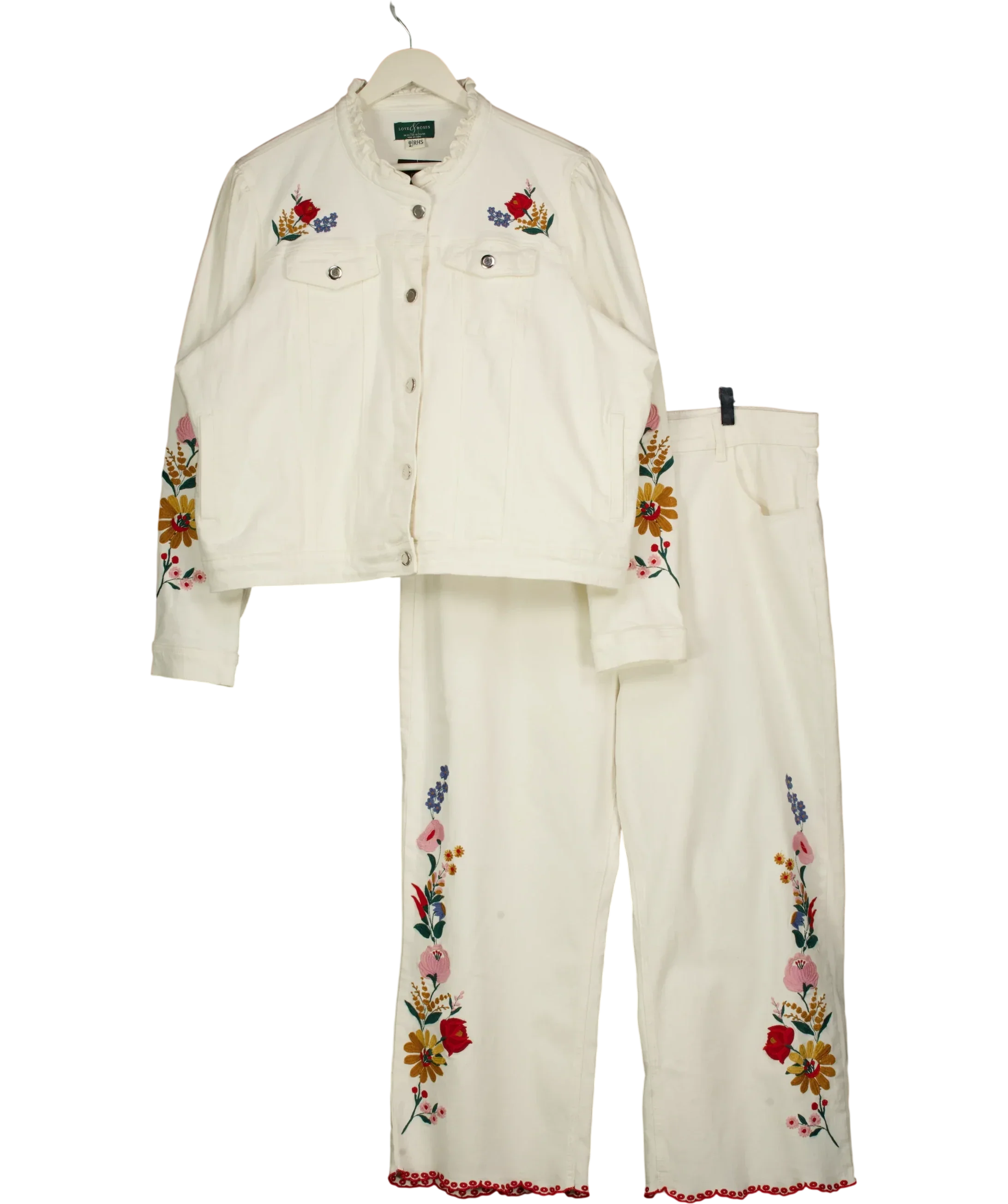 LOVE & ROSES White x RHS Ecru Embroidered Floral Denim Jacket and Jeans Set  Size 22/20R, size UK XL/XXL — front