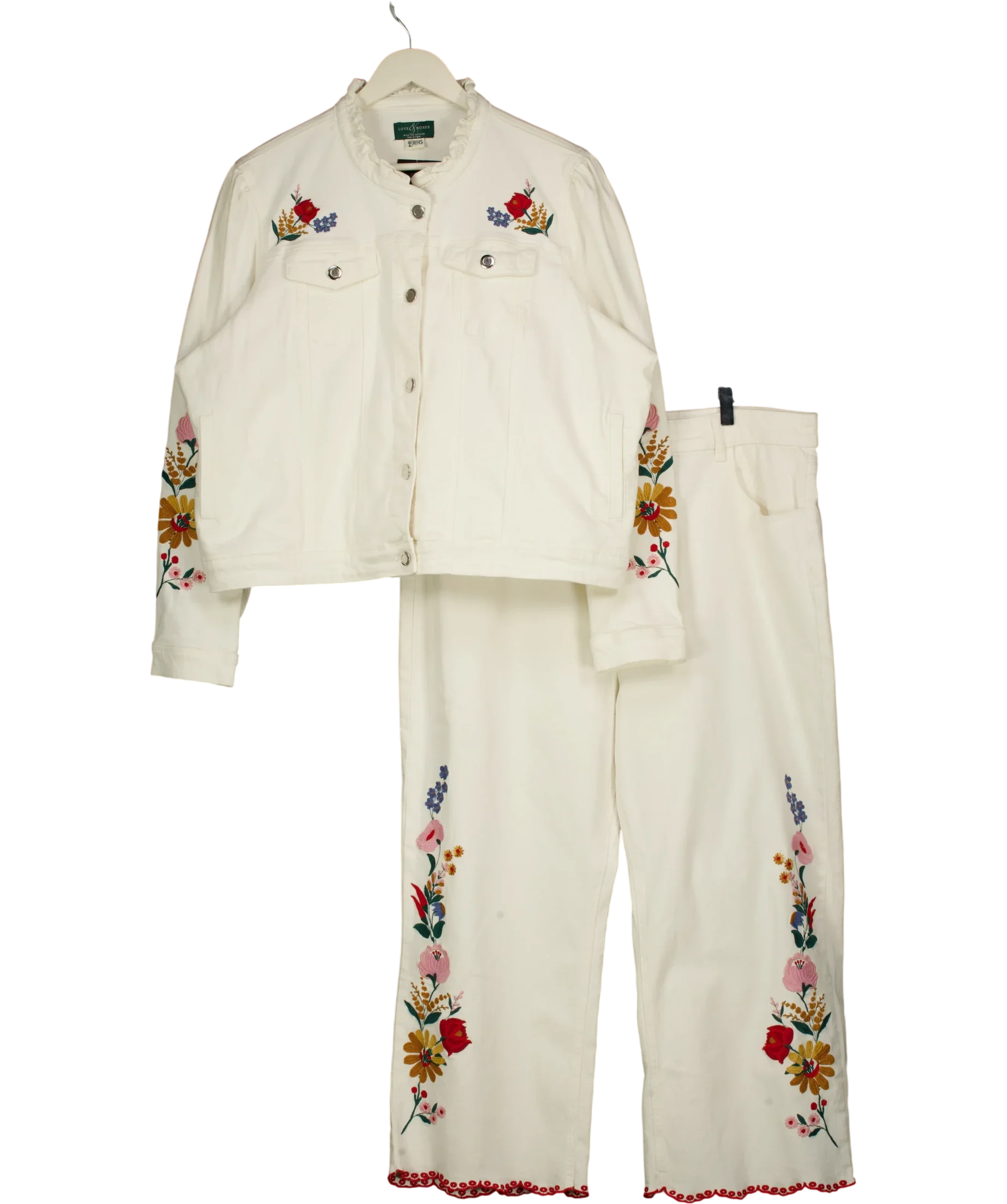LOVE & ROSES White x RHS Ecru Embroidered Floral Denim Jacket and Jeans Set  Size 22/20R, size UK XL/XXL — front