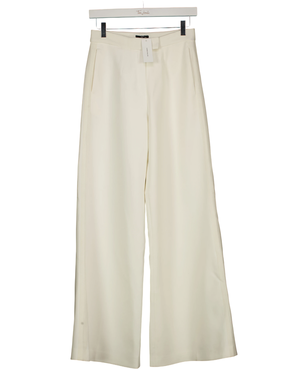 KAREN MILLEN White X Lydia Millen Compact Stretch Grosgrain Detail Tailored Wide Leg Trousers Ivory Cream UK 8 — Front