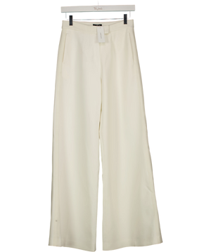 KAREN MILLEN White X Lydia Millen Compact Stretch Grosgrain Detail Tailored Wide Leg Trousers Ivory Cream UK 8