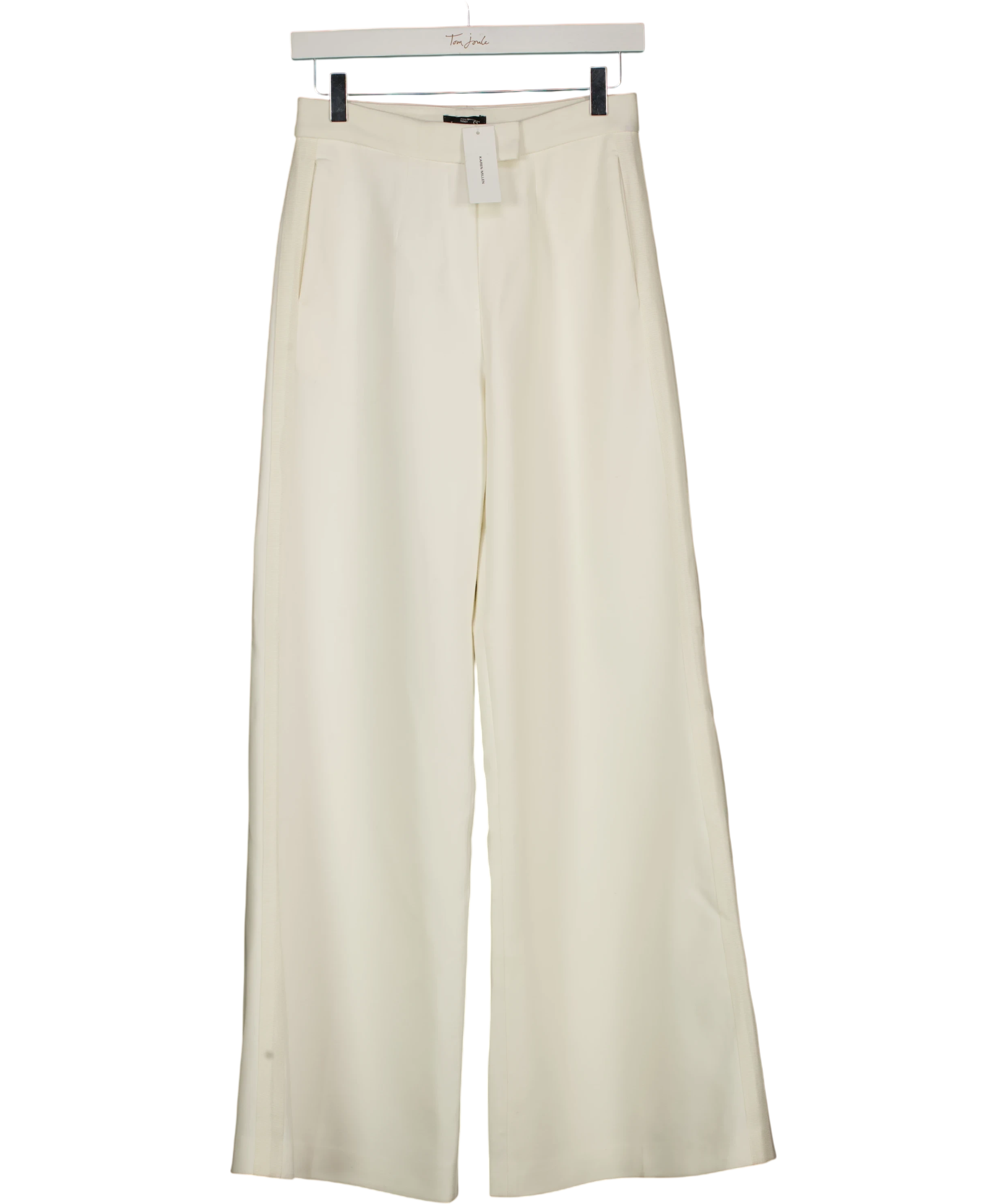 KAREN MILLEN White X Lydia Millen Compact Stretch Grosgrain Detail Tailored Wide Leg Trousers Ivory Cream UK 8 — Front