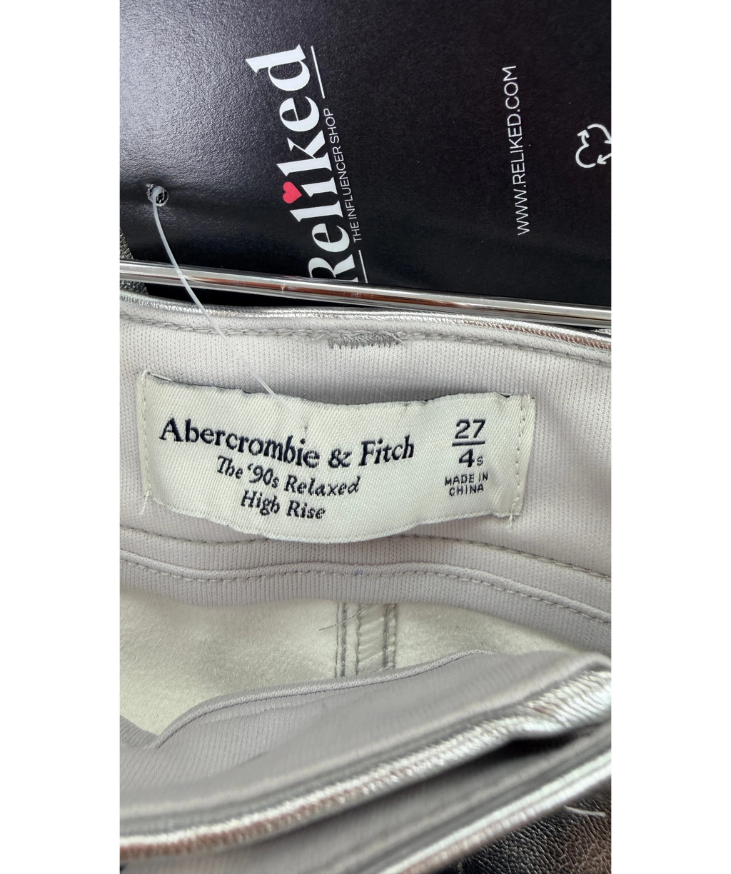 ABERCROMBIE & FITCH The '90s Relaxed High Rise Metallic Silver Faux Leather Jeans 27 Short UK 8