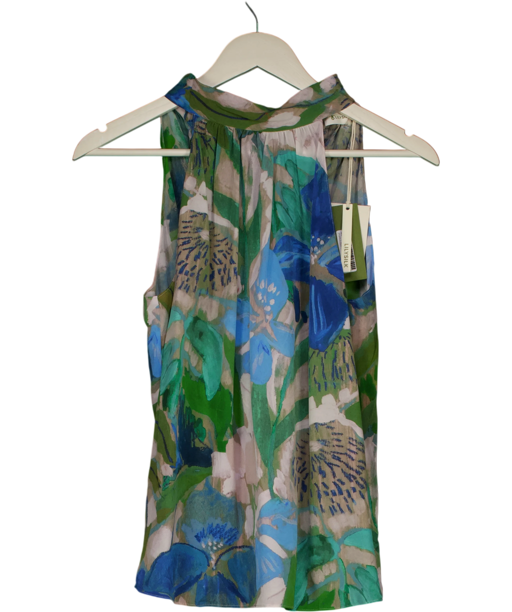 LILYSILK Multicoloured Praslin Mock Neck Silk Top Oil Painting Floral Pattern UK 6 — Front