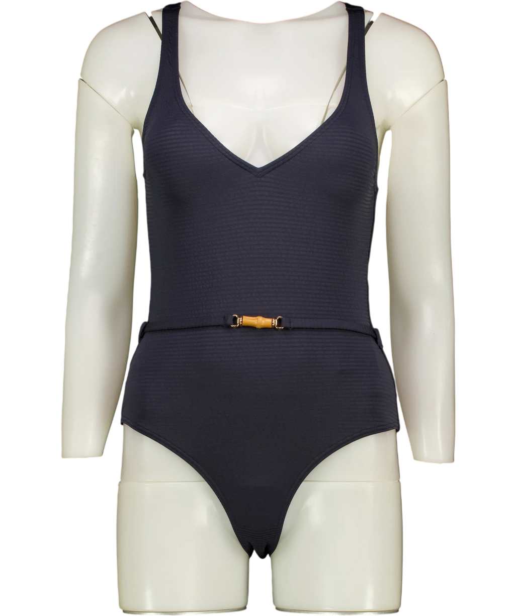 Malina Blue Sally V-Neck Dark Blue Belted Swimsuit, size UK S — front