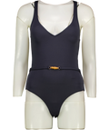 Malina Blue Sally V-Neck Dark Blue Belted Swimsuit, size UK S — front