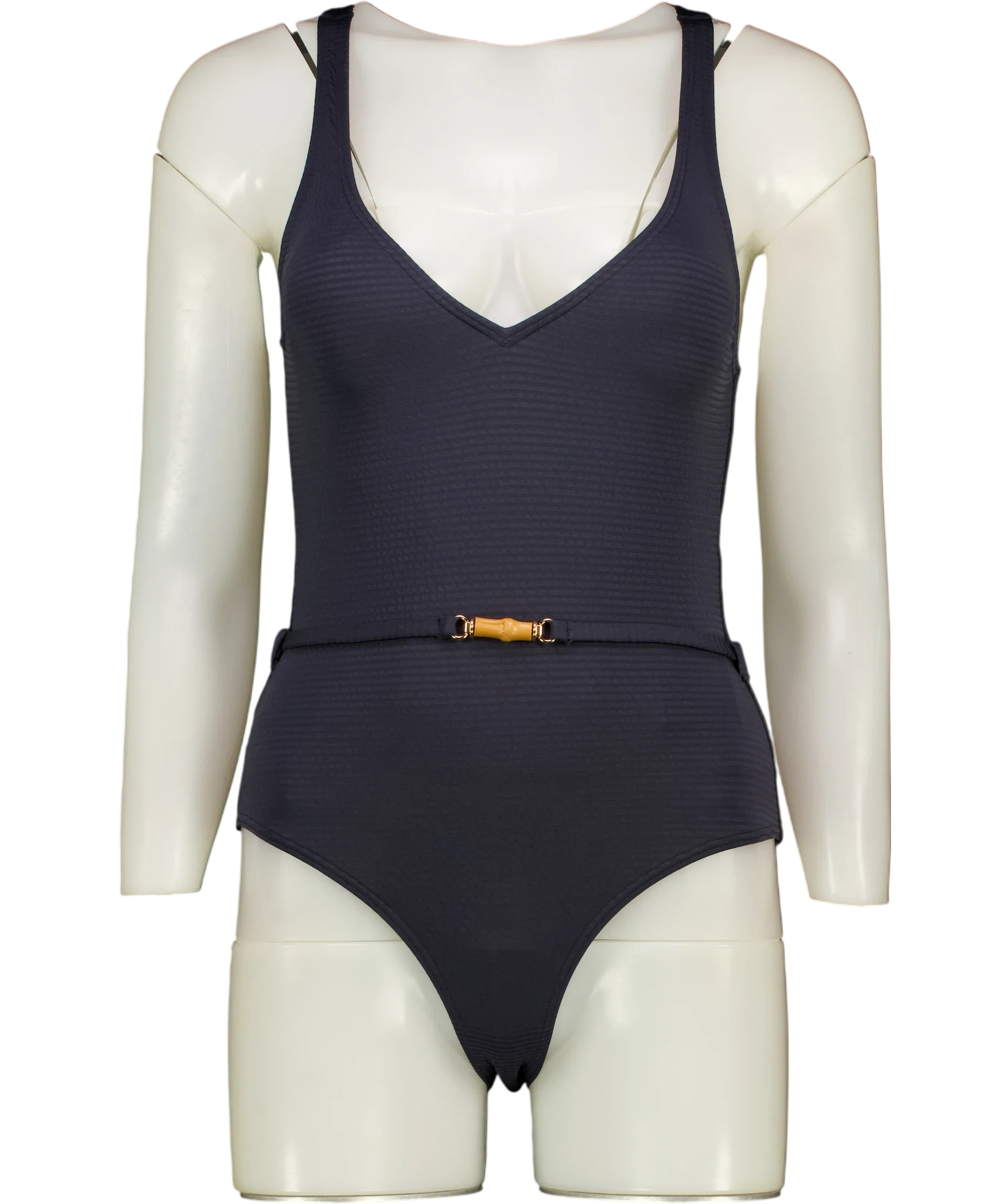 Malina Blue Sally V-Neck Dark Blue Belted Swimsuit, size UK S — front