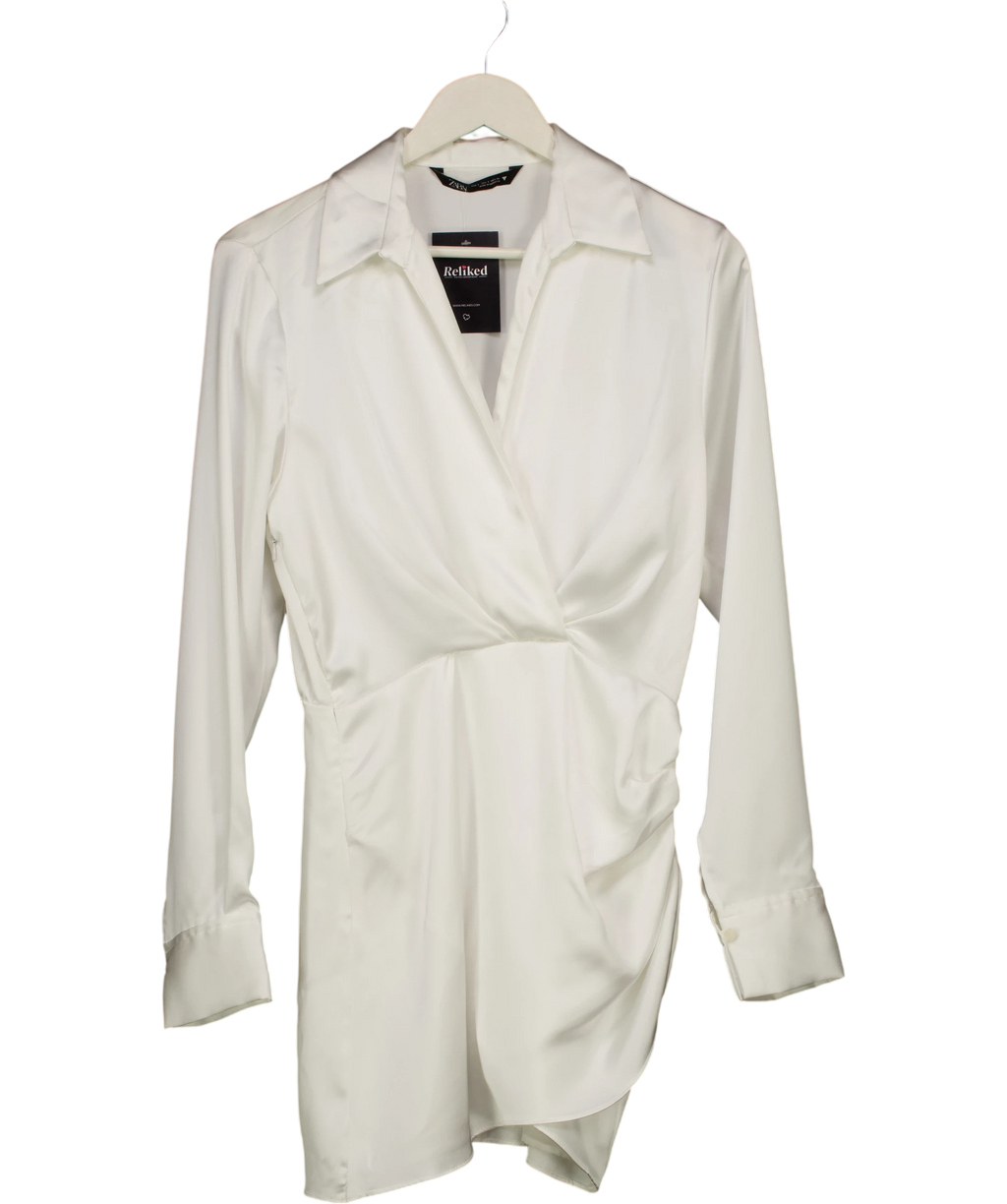 ZARA White Satin Knot Front Long Sleeve Mini Dress UK S — Front