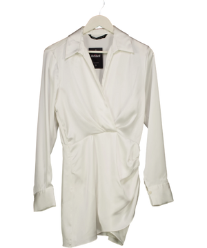 ZARA White Satin Knot Front Long Sleeve Mini Dress UK S