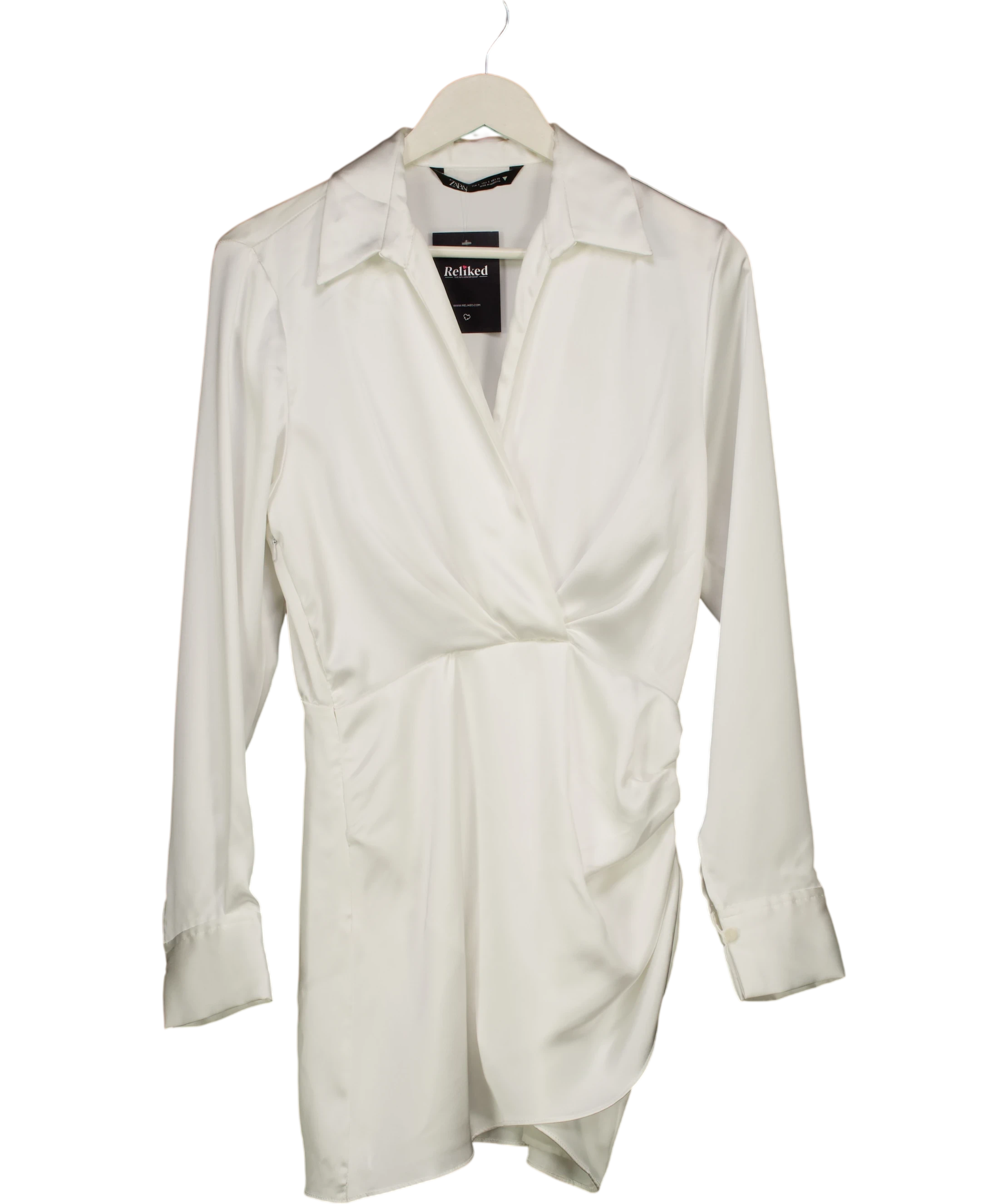 ZARA White Satin Knot Front Long Sleeve Mini Dress UK S — Front