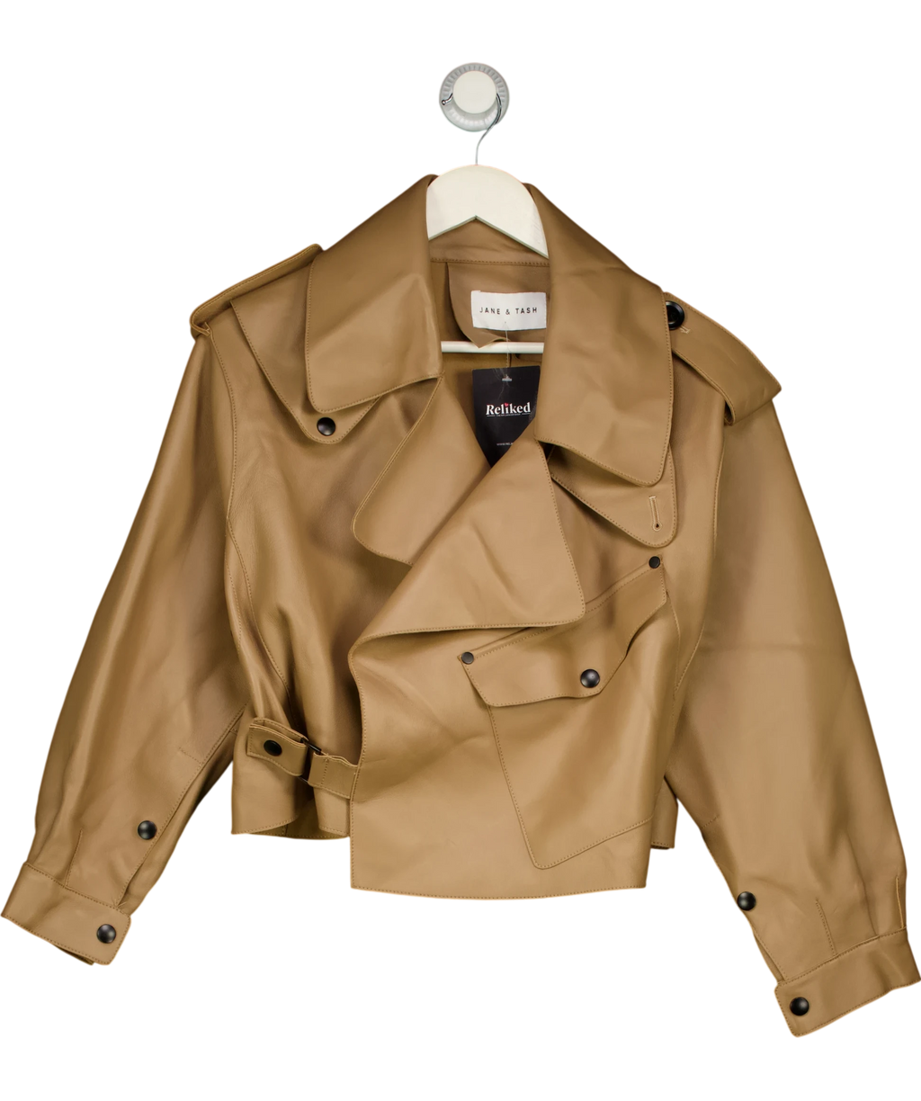 JANE & TASH Taupe Beige Oversize Leather Crop Jacket UK S — Front