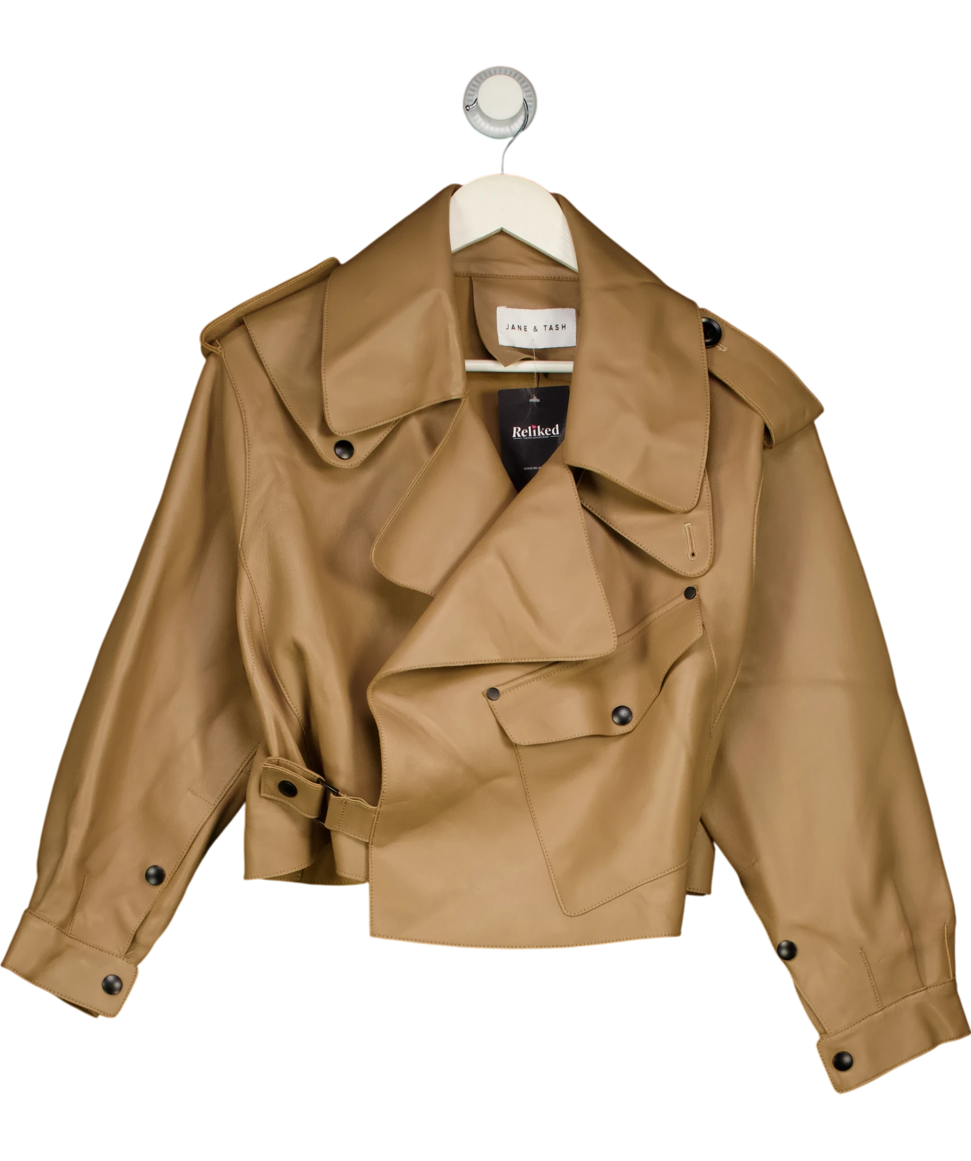 JANE & TASH Taupe Beige Oversize Leather Crop Jacket UK S — Front