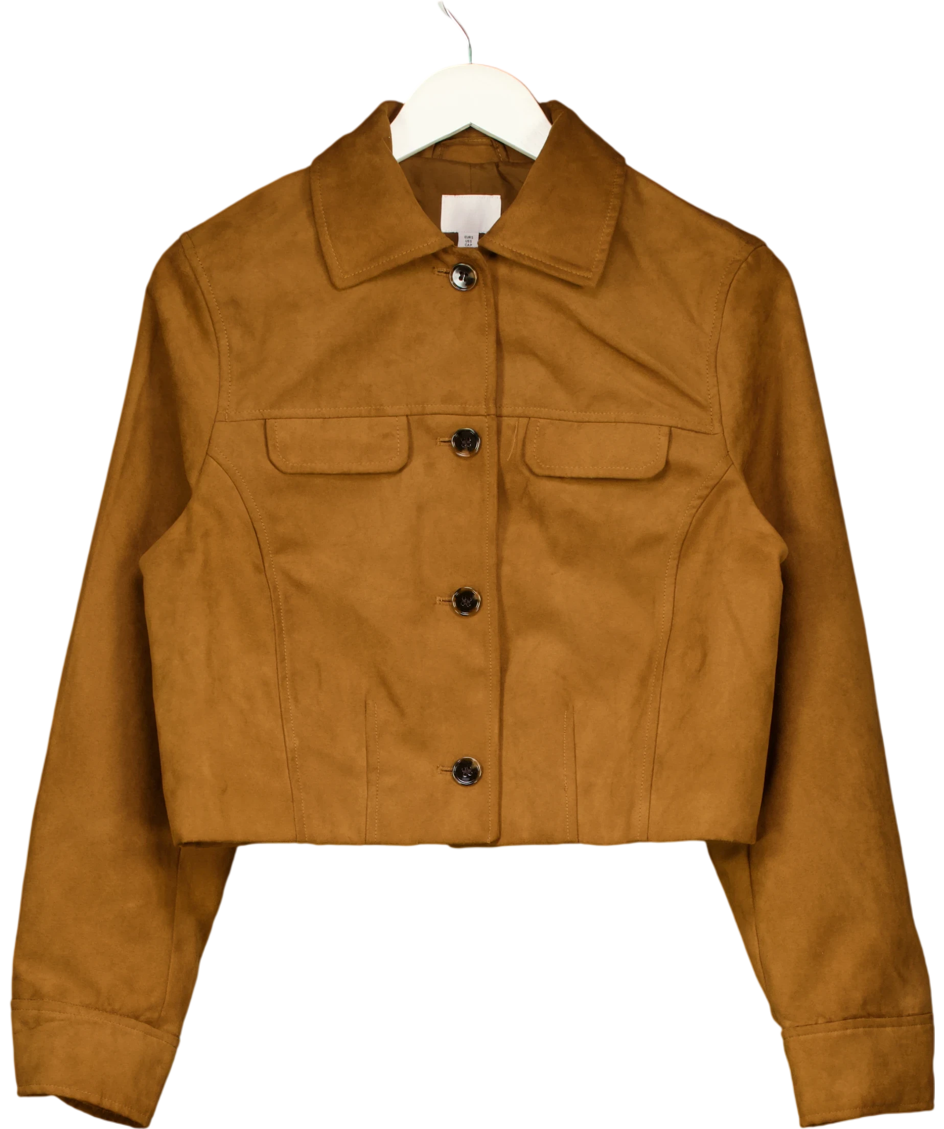 H&M Brown Faux Suede Cropped Trucker Jacket UK S — Front