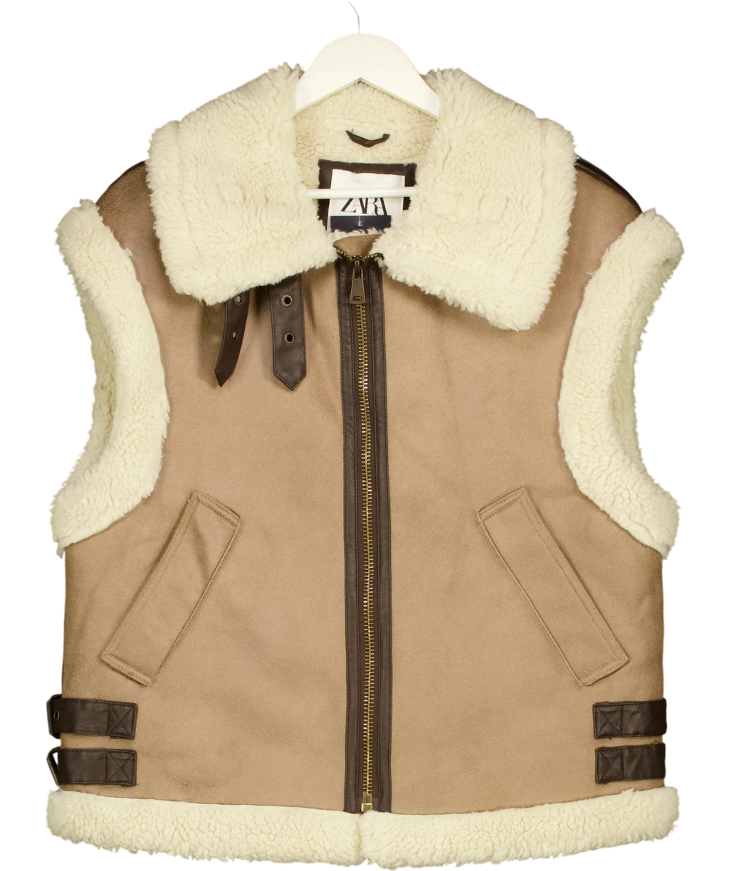 ZARA Faux Shearling Double-faced Gilet Brown UK M — Front
